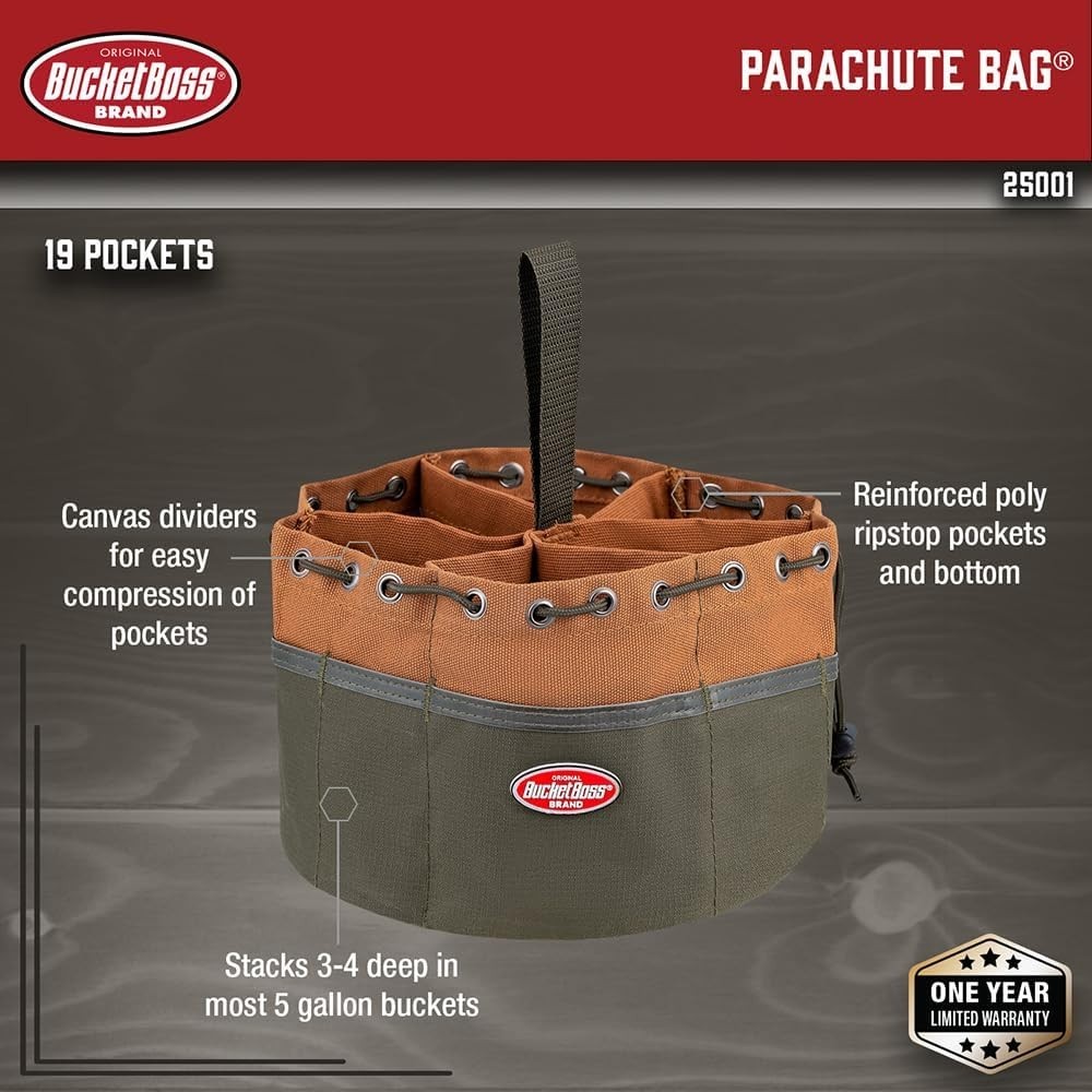 19-Pocket Canvas Organizer Parachute Bag in Brown for Tools & Small Parts