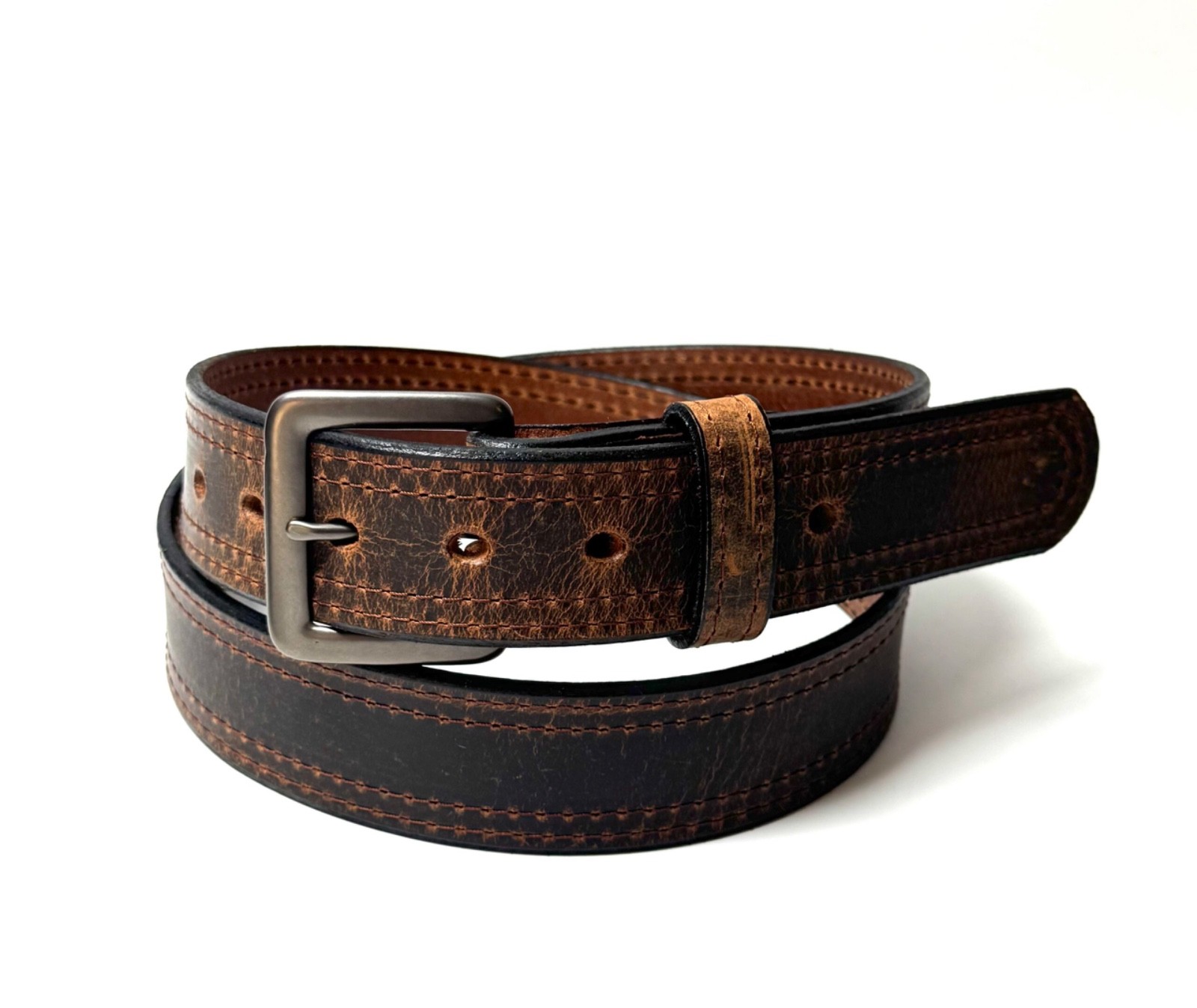Water Buffalo Double Stitch Crazy Horse Belt – Brown Stitching – Amish Made