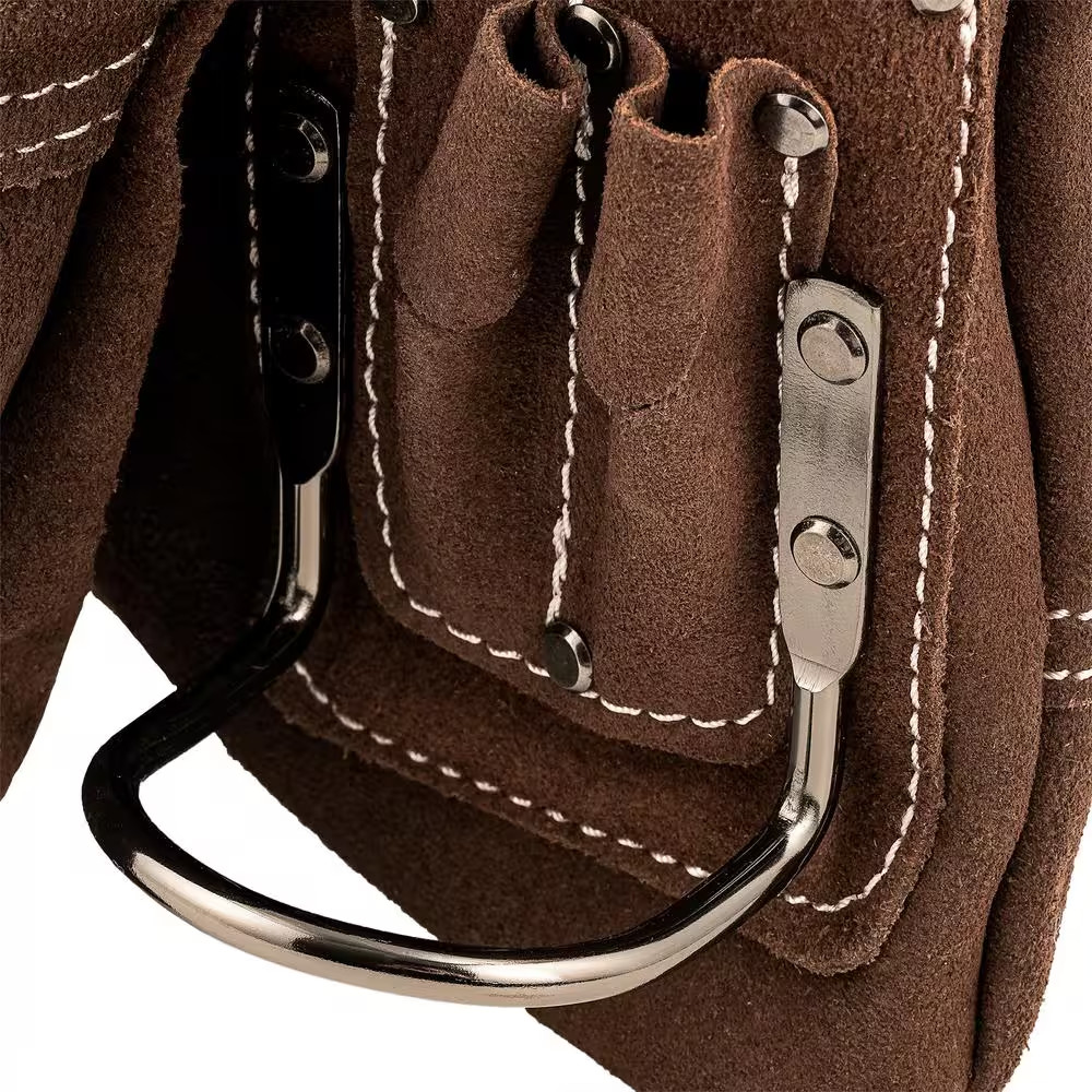 10 Pocket Suede Leather Work Tool Belt Pouch with Steel Hammer Loop and Tape Mea