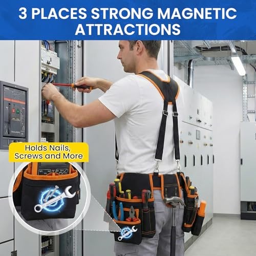 Tool Belt with Suspenders, 18-Pocket Combo Harness System with Orange-black