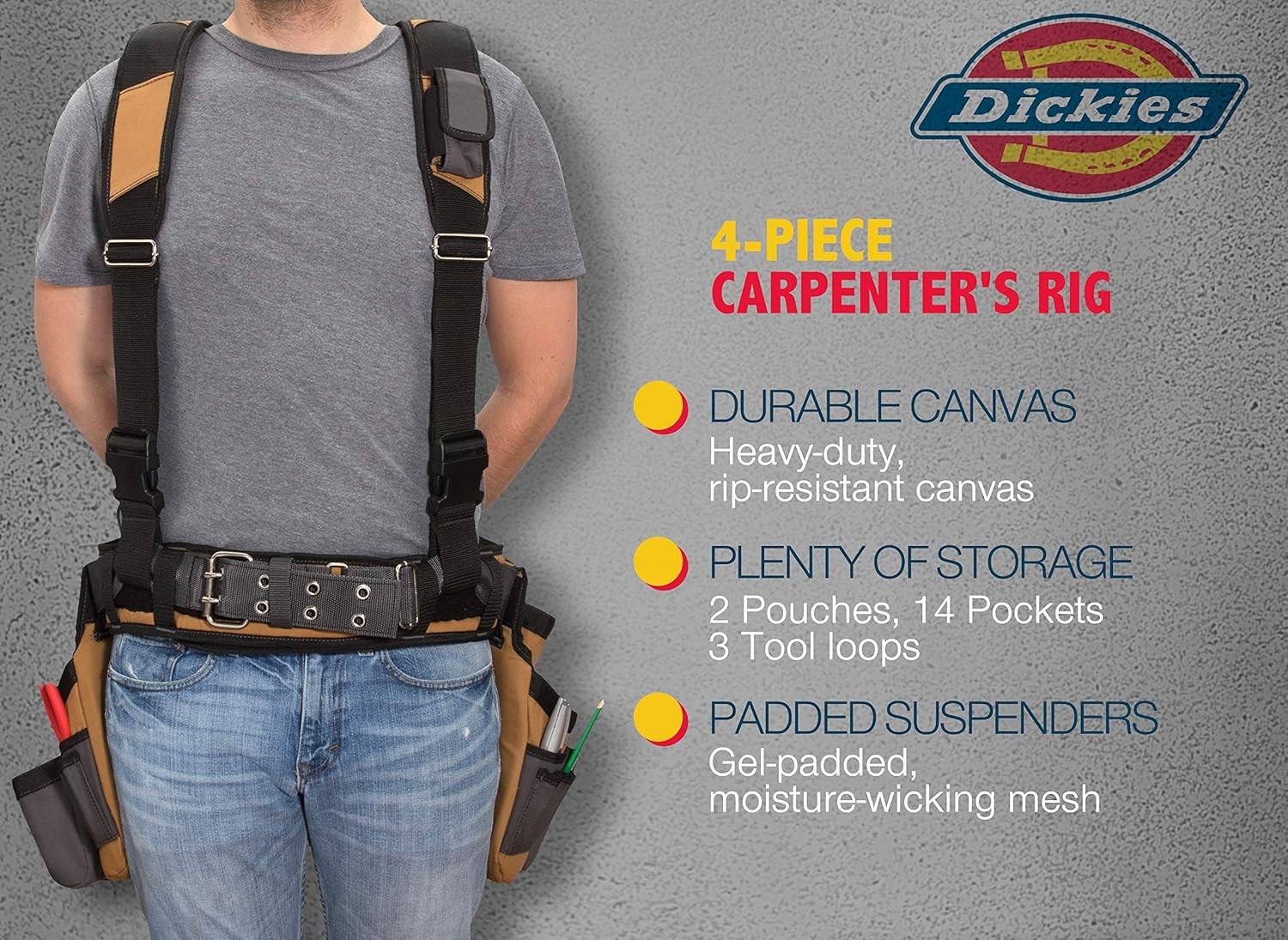 Dickies 4-Piece Carpenter’s Rig, Padded Tool Belt Suspenders, Cooling Mesh, Leat