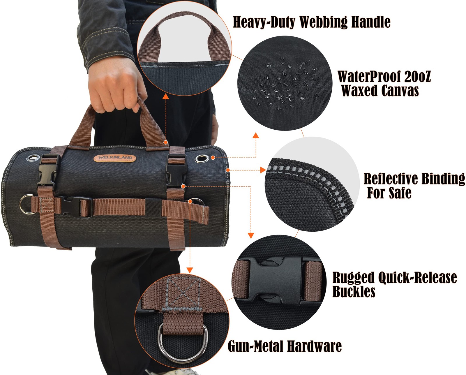 WELKINLAND Heavy-Duty Waxed Canvas Tool roll, 15-Pockets Black/Brown