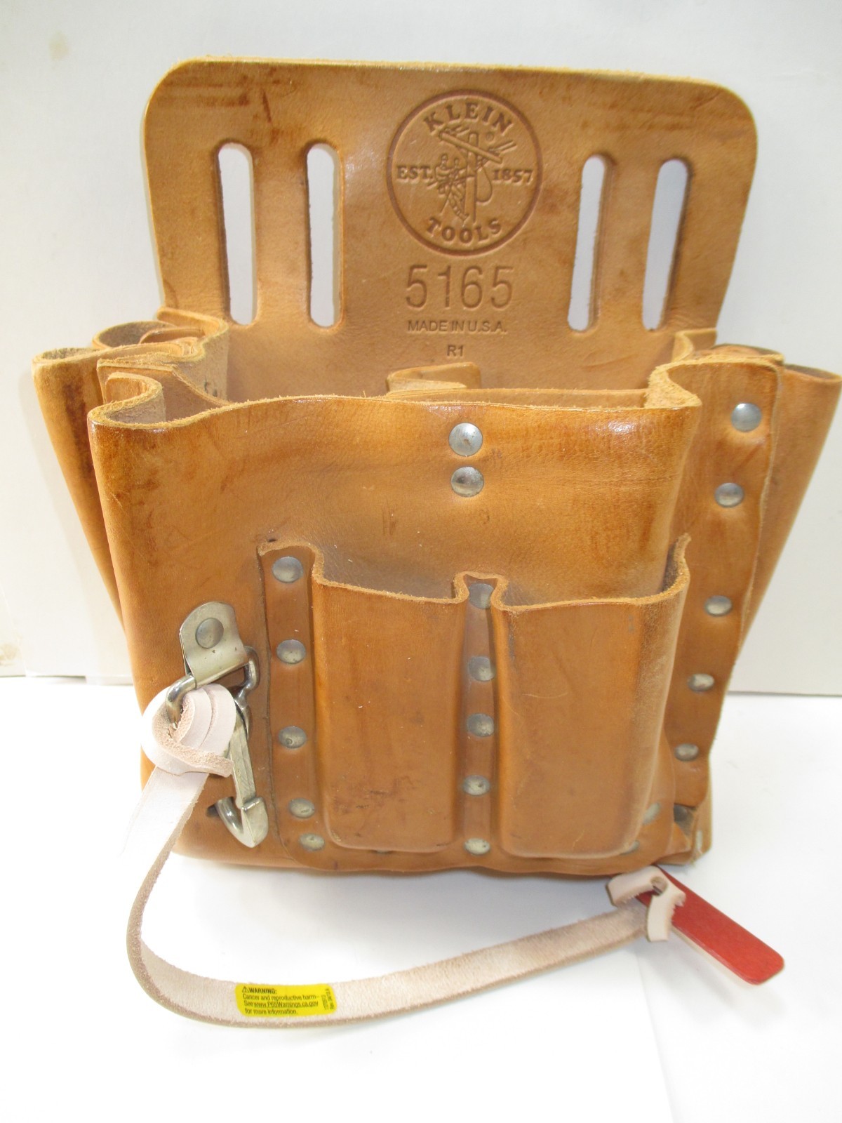 KLEIN TOOLS 5165~10-POCKET -TAN LEATHER TOOL POUCH~KNIFE SNAP~TAPE THONG~U.S.A.