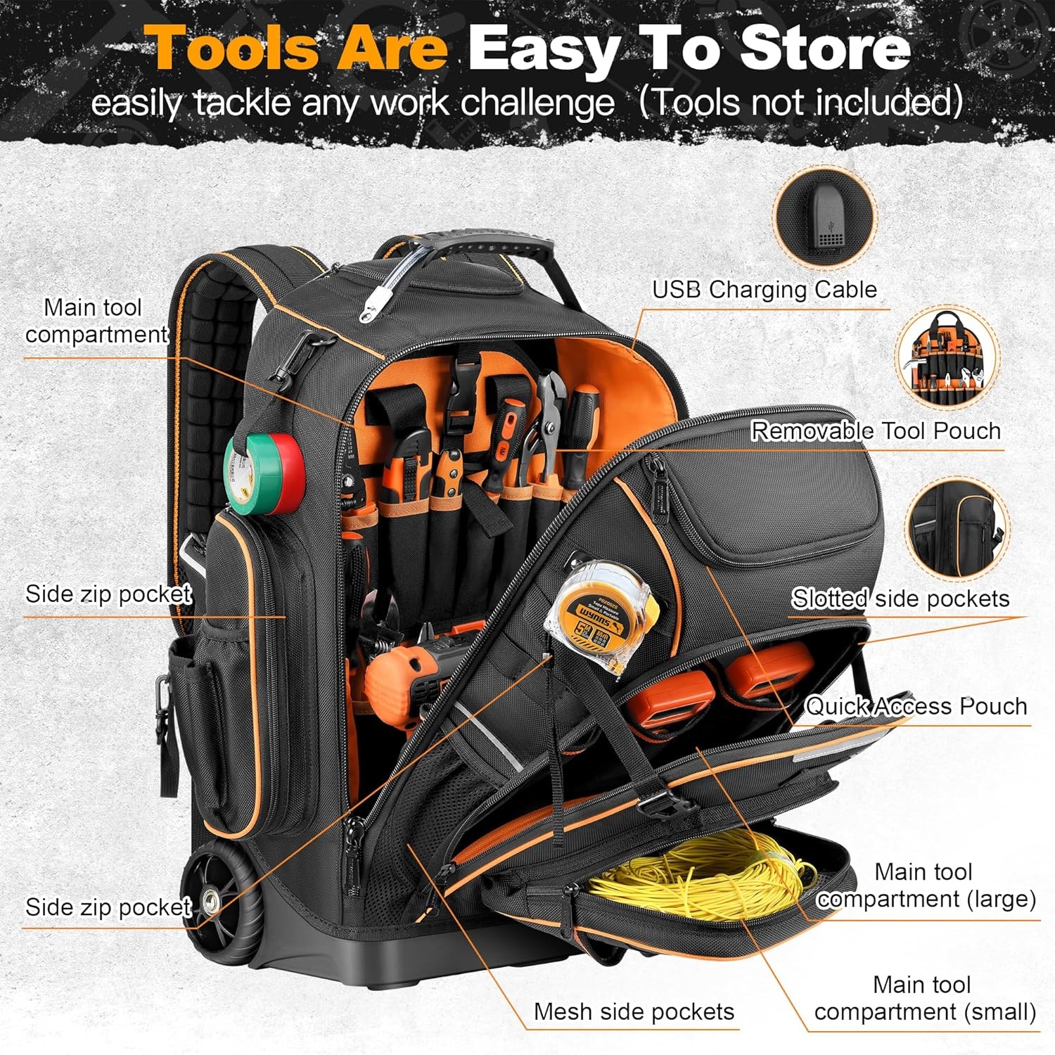 Tool Backpack with Wheels Rolling Organizer Combination Lock