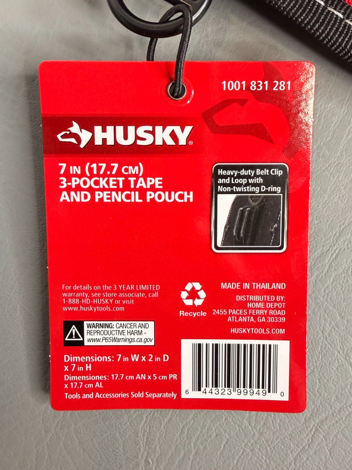 Husky 7 in. 3-Pocket Clip On Tool Belt Pouch Heavy Duty Storage