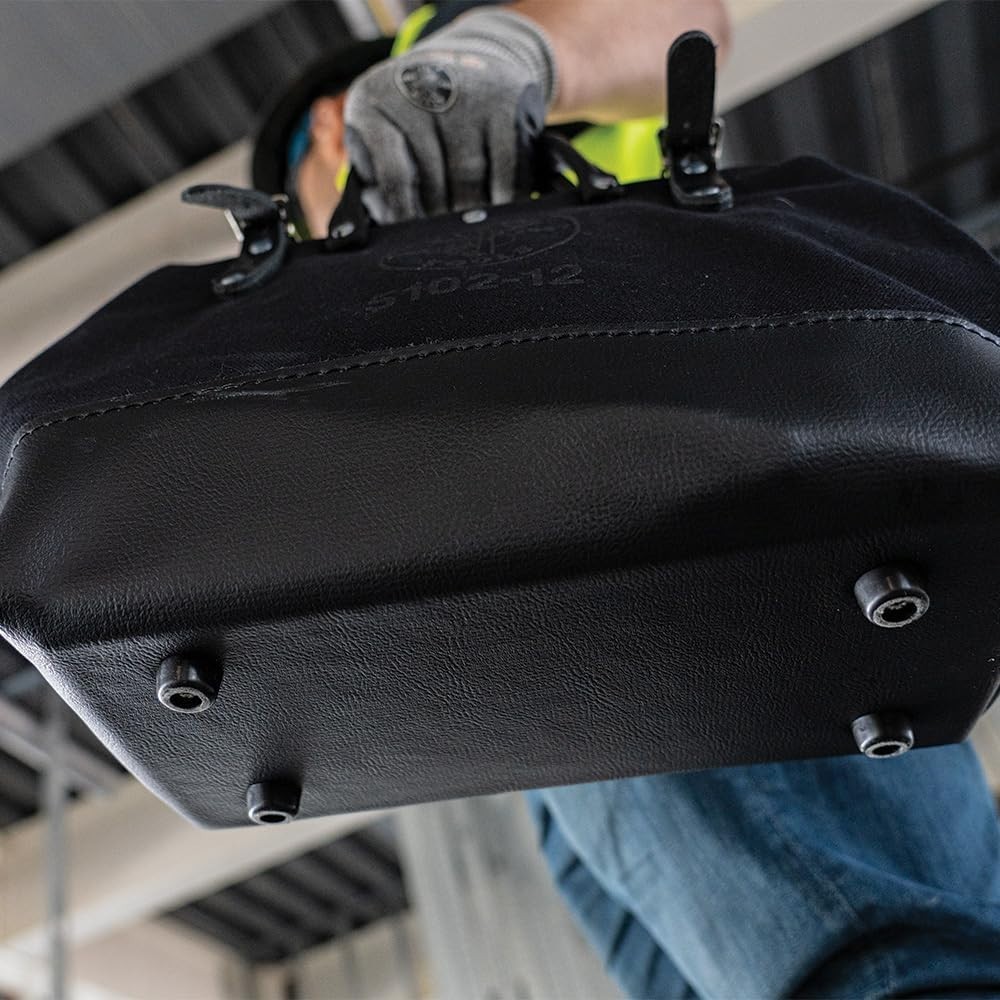 Heavy Duty Black Canvas Tool Bag with Wide Hinged Opening and Leather Handles, 1