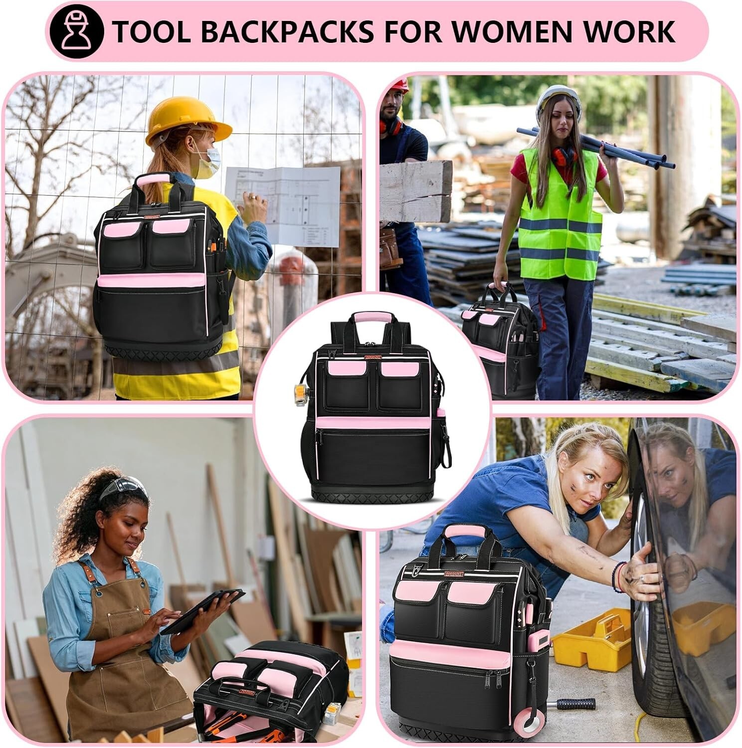 LOKASS Pink Tool Bag for Women, Wide-open Tool Backpack with Double-opening M…