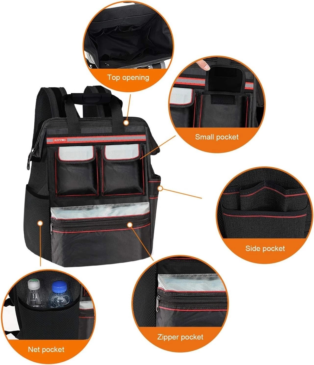 Durable Black Tool Carrier Backpack with 20 Compartments for Tool Organization