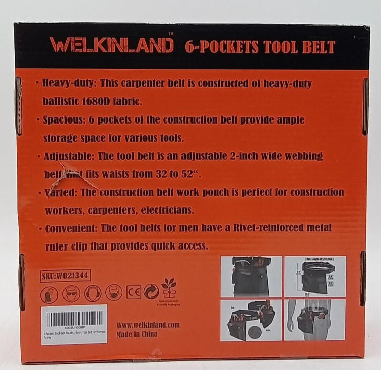 WELKINLAND 6-Pocket Tool Belt 48″ Max Waist for Carpenter/Electrician