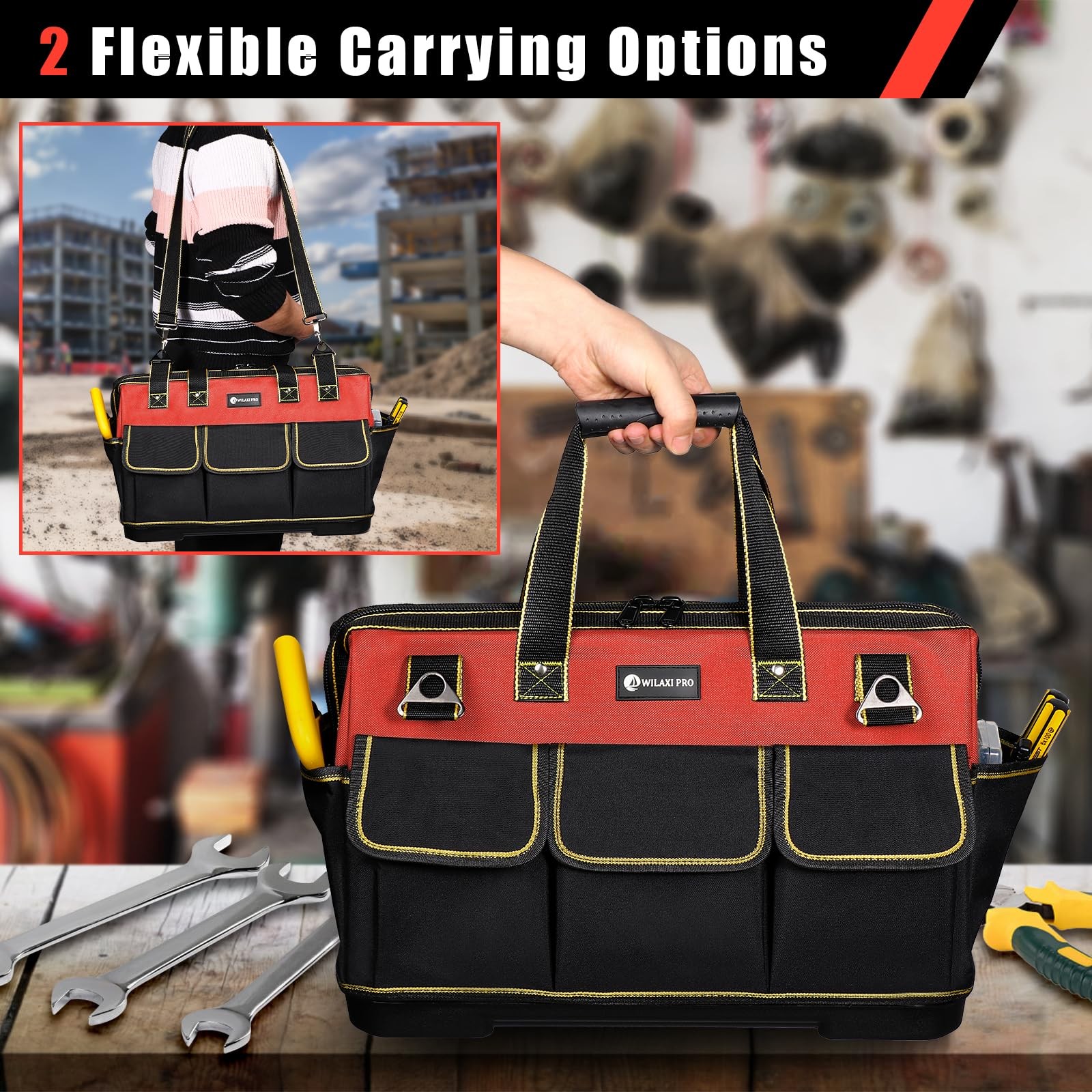 20 Inch Tool Bag Waterproof Molded Base Wide Mouth Tote Organizer Red Bag