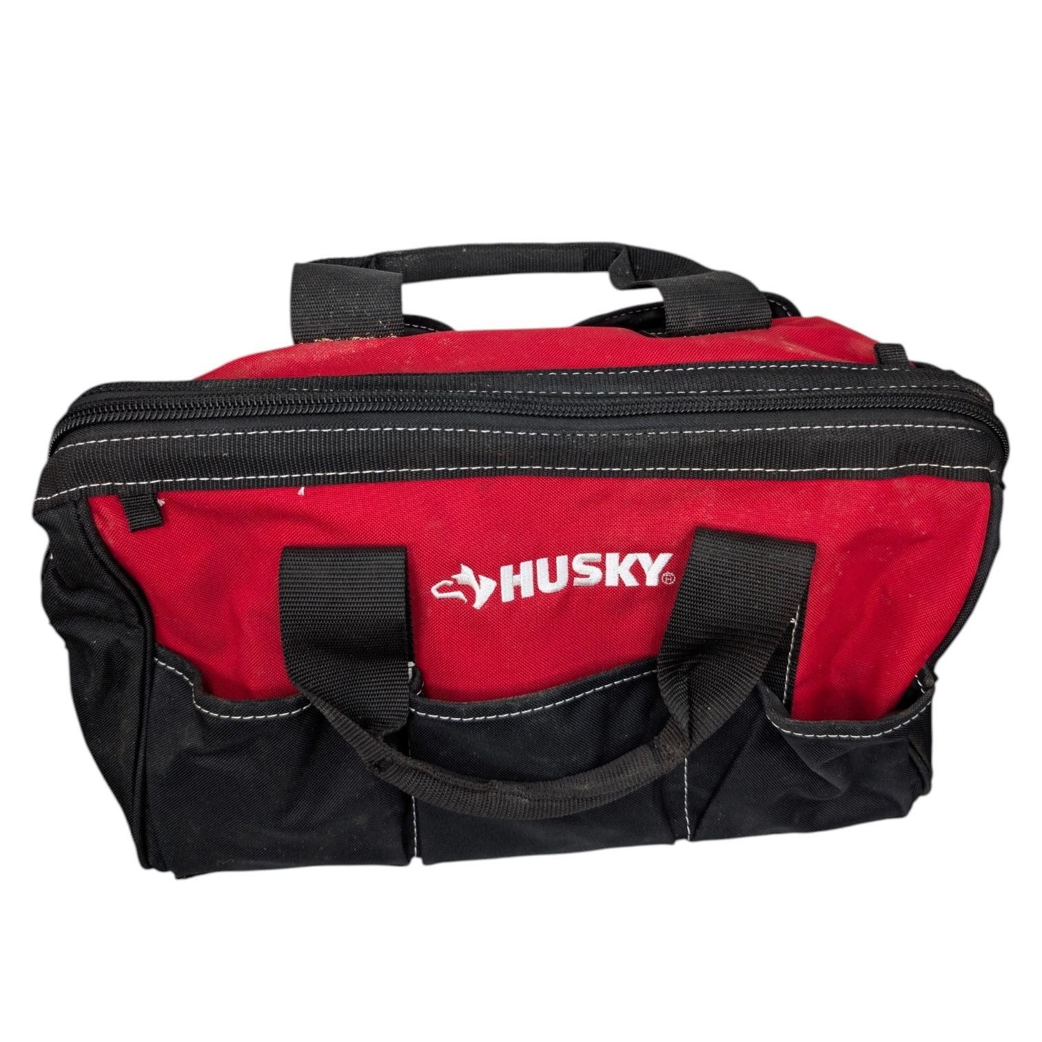Husky Zippered Tool Bag Red Black 15 in Wide Mouth Canvas 5 Outer Pockets