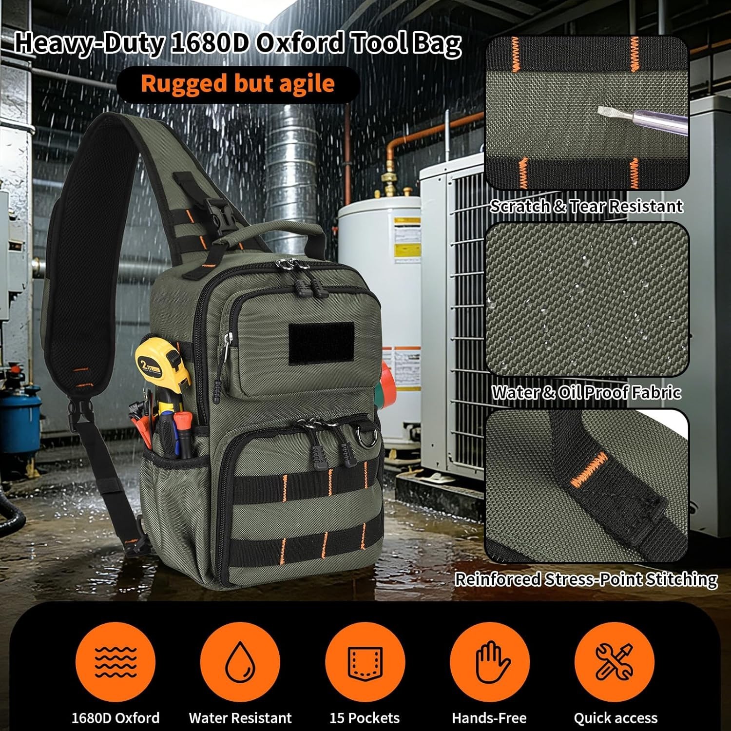 Tactical Electrician & HVAC Tool Chest Bag with 3-Point Harness, 15-Pocket 1680D
