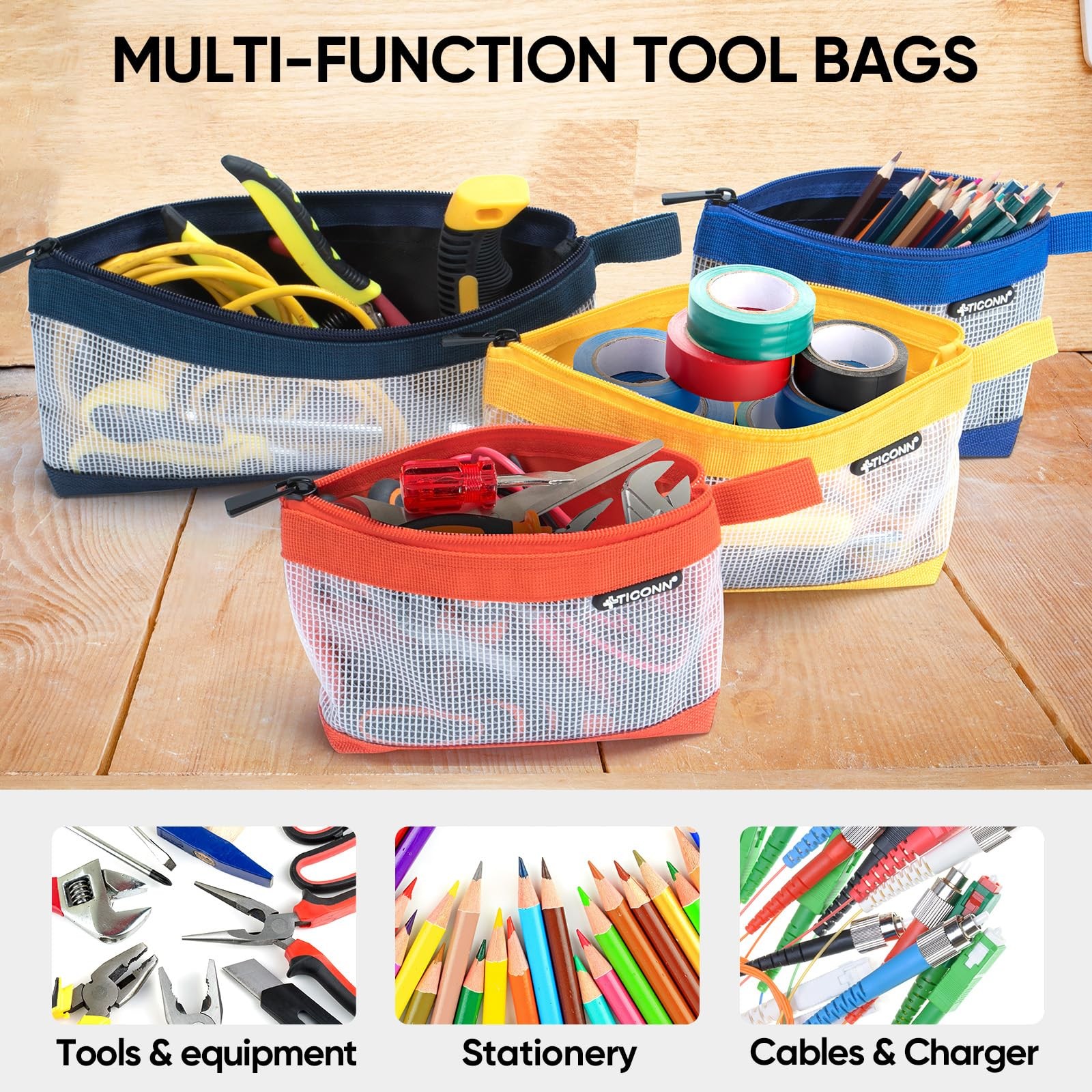 Tool Pouch 1680D Oxford Small Zipper Clear Utility Bag 3PK for Storage