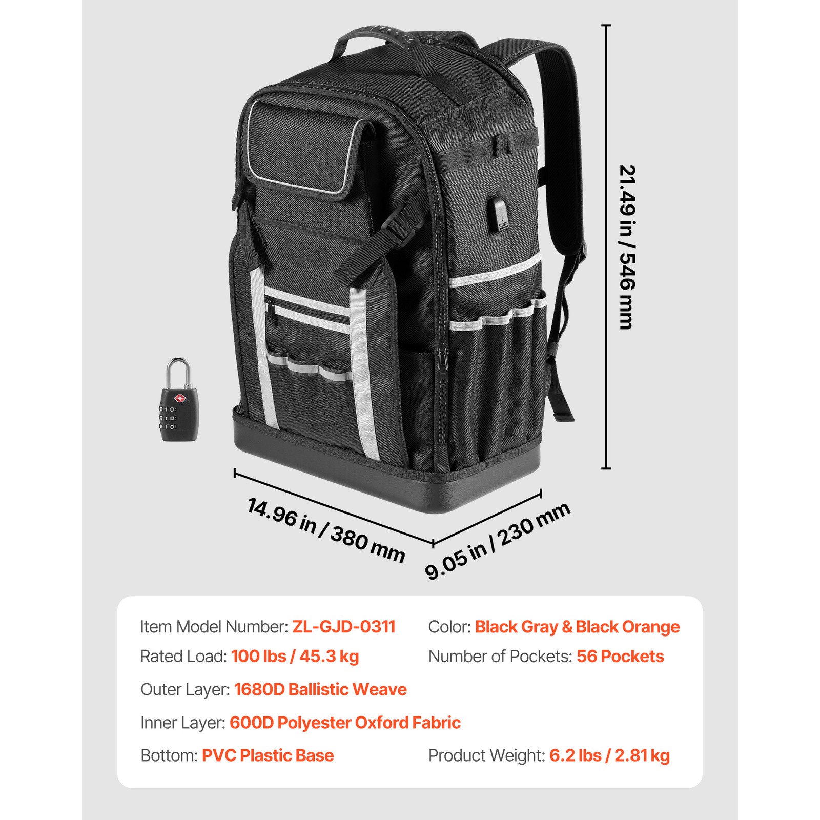 Uimoso Tool Backpack with 56 Pockets, Water-Resistant Design for Electricians