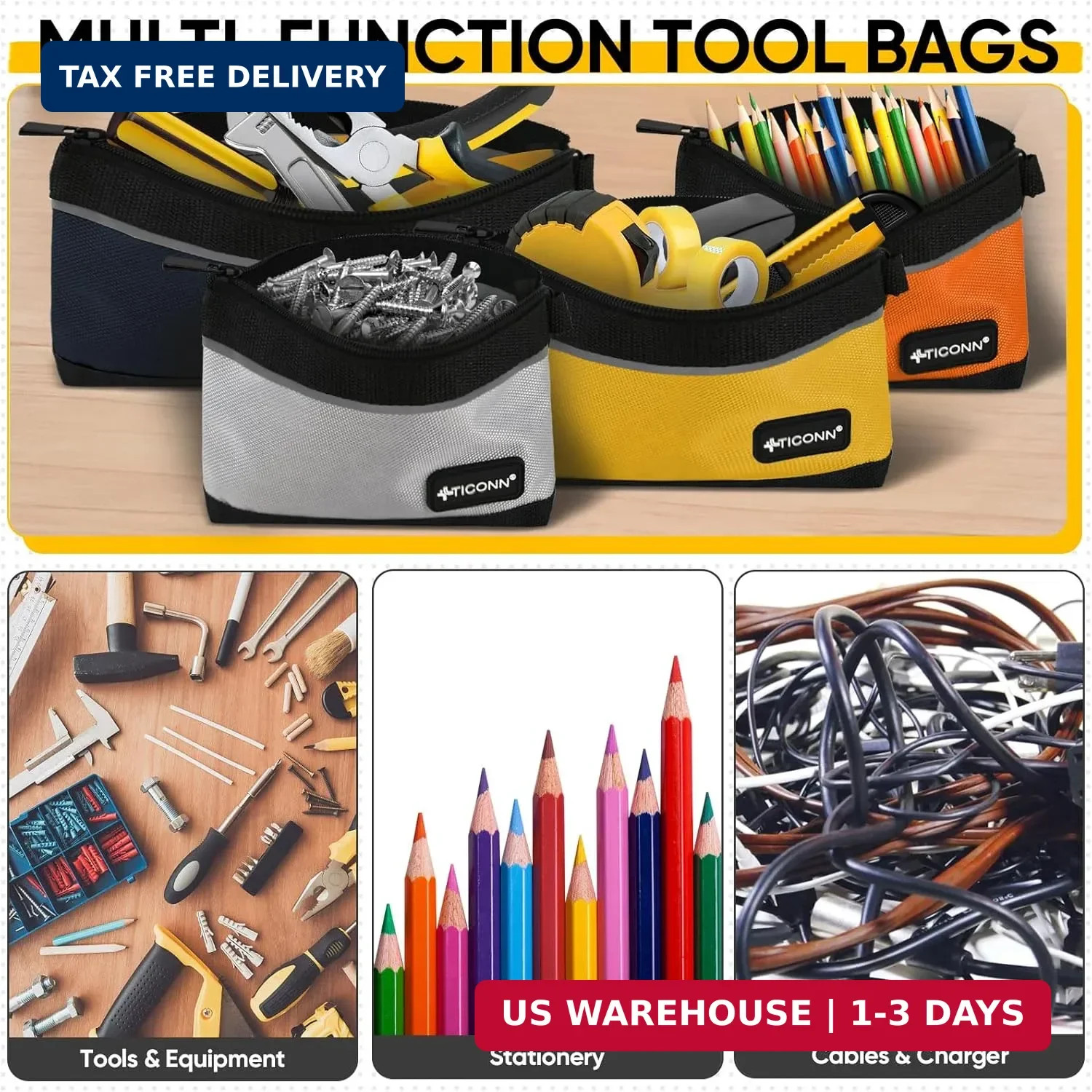 TICONN Tool Pouches with Zipper, 1680D Oxford Small Tool Bags, Waterproof Utilit