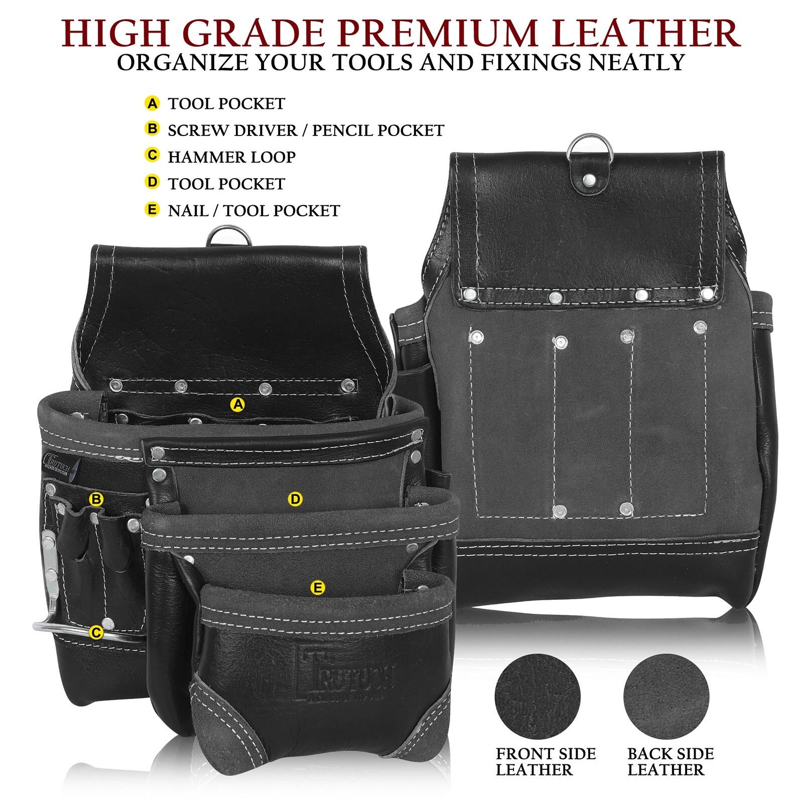 Trutuch Black Leather Tool Belt with Suspender | 18 Pockets | Framers Tool Belt