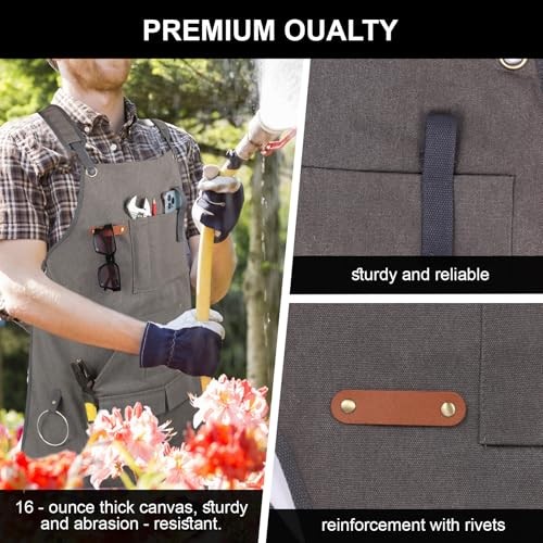 Men’s Canvas Tool Apron, Heavy Duty Multi-Pocket Work Apron for Grey