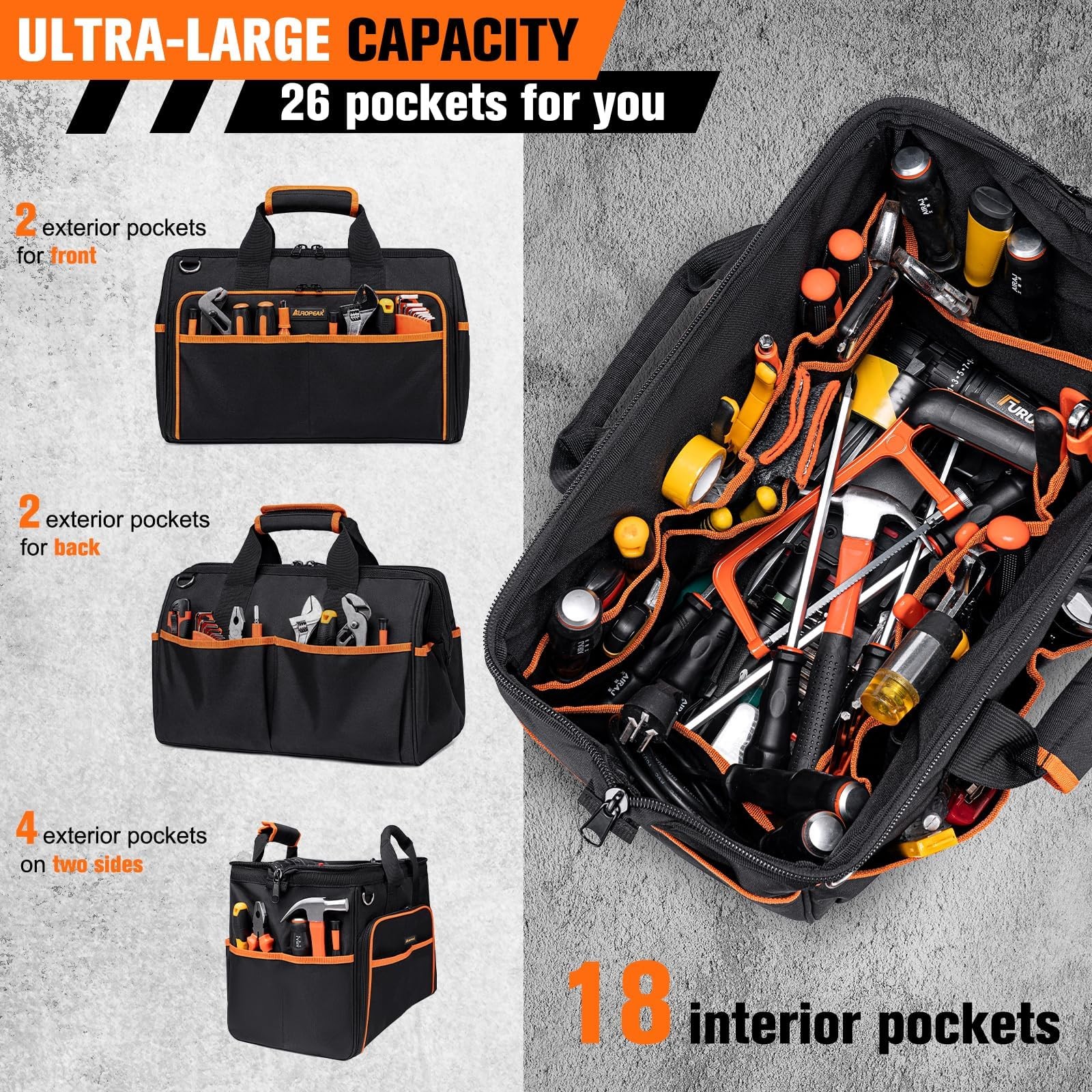 Heavy Duty Tool Bag 17.3-Inch, 26-Pocket Large Tool Bags for Men Women with
