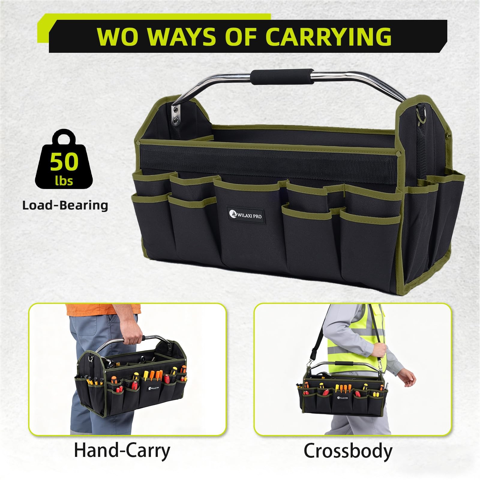 20in Foldable Open Top Tool Bags For Men Heavy Duty Hard Handle Green Tote
