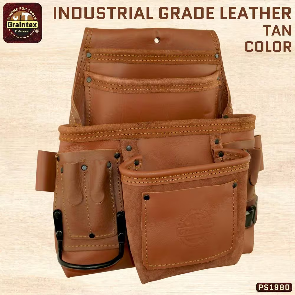 10-Pocket Nail and Tool Pouch Tan Color Industrial Grade Leather