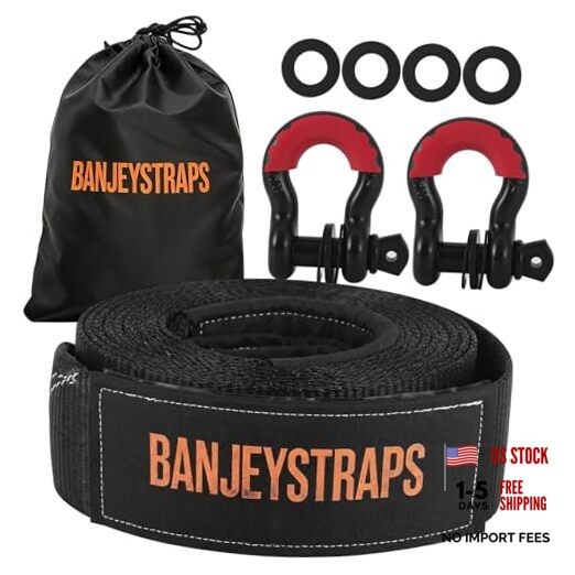 45,000 lb Recovery Tow Strap Kit with 3/4″ Shackles – 4″ Recovery Kit Black