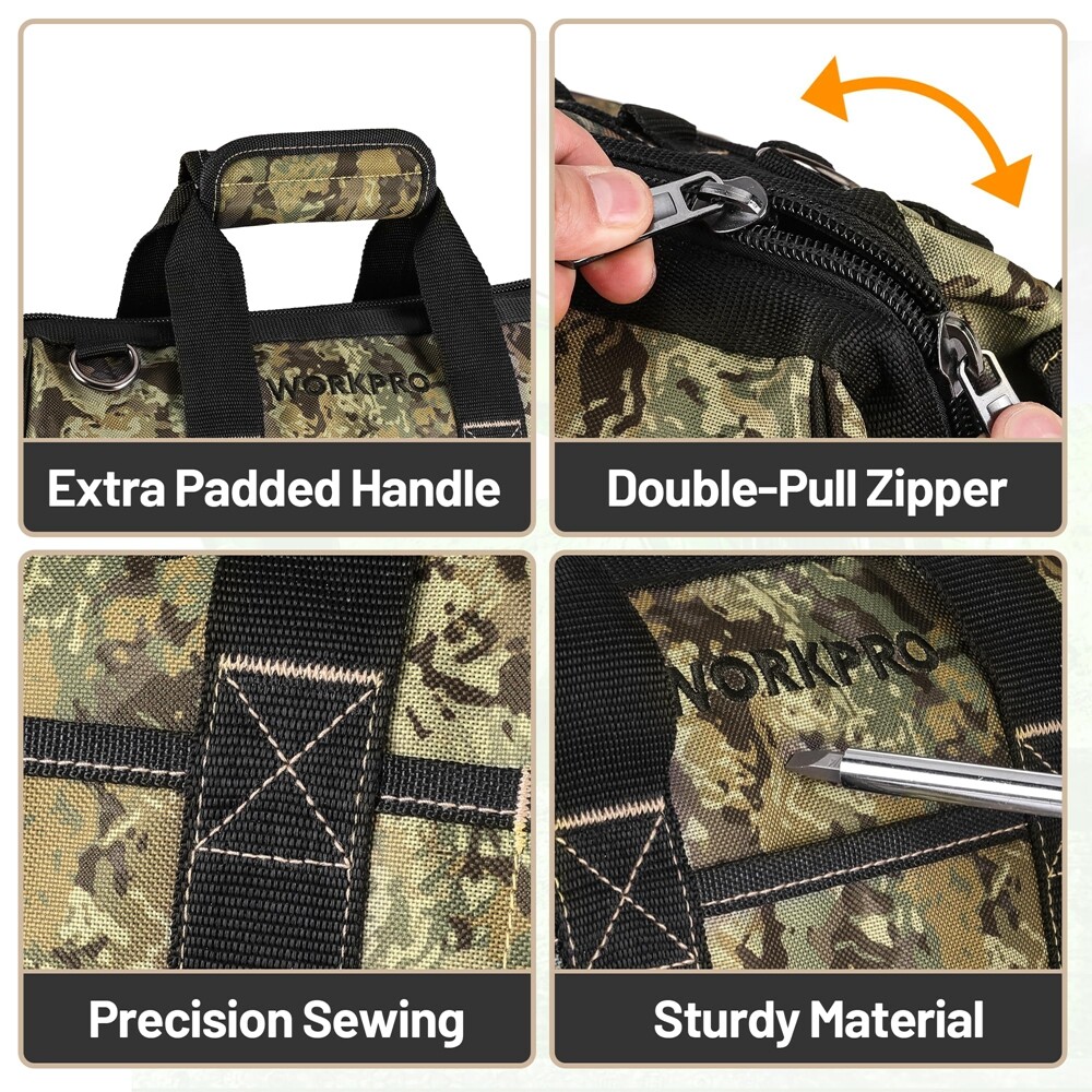 16″ Wide Mouth Zipper Tool Bag w/Adjustable Shoulder Strap Sturdy Bottom