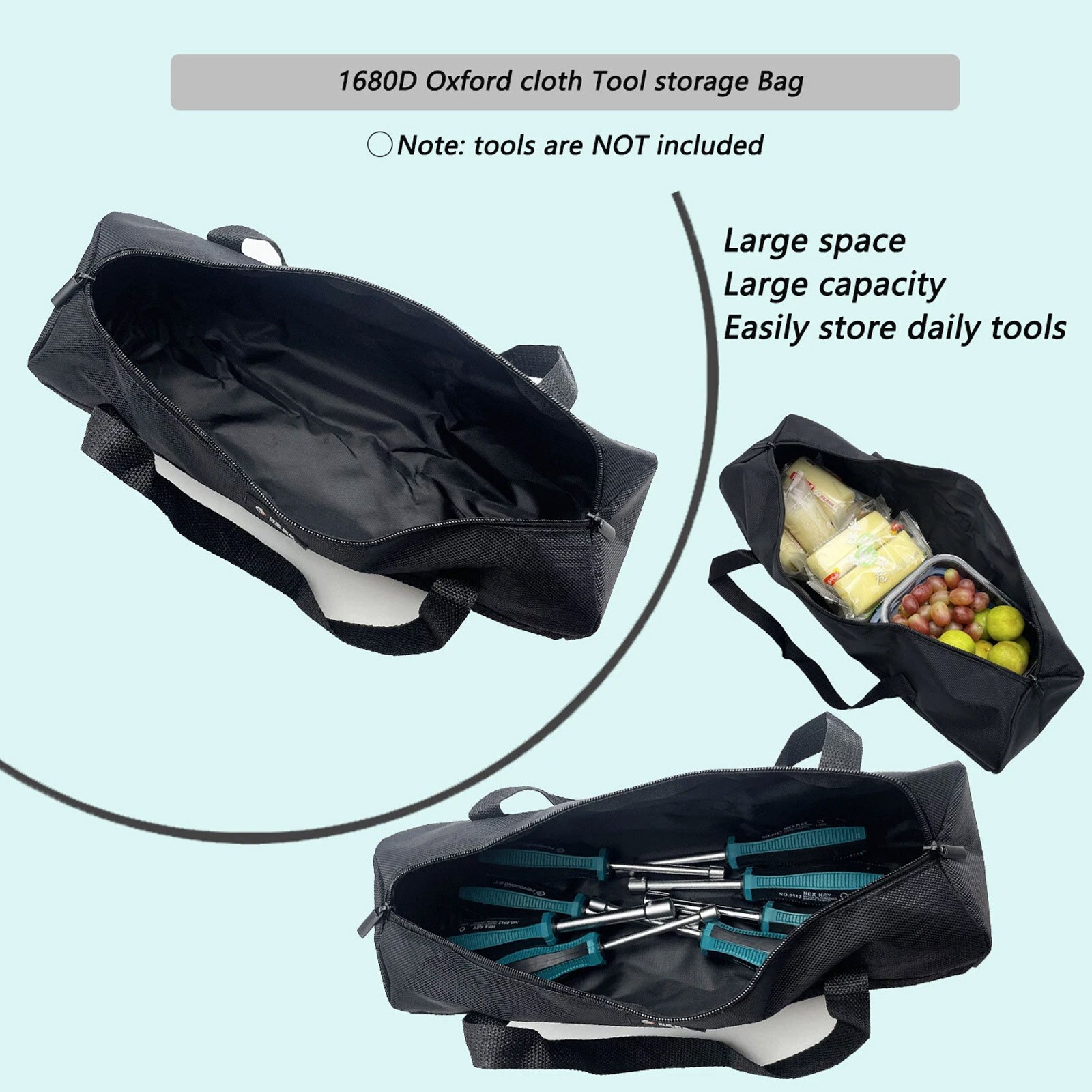20inch Black Tool Bag with Zippers Multi Purpose Waterproof Storage easy carry