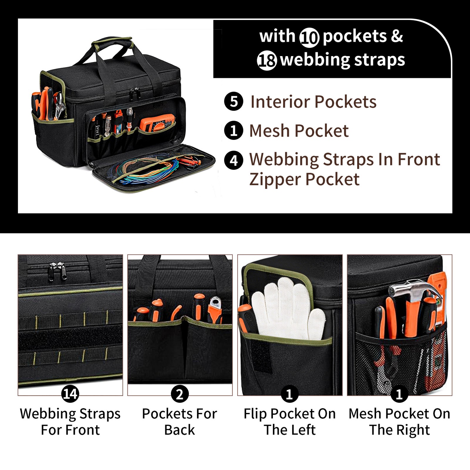 GRAVEE 17 Inch Durable Tool Bag with Padded Handle Large Multi-Pocket Organizer