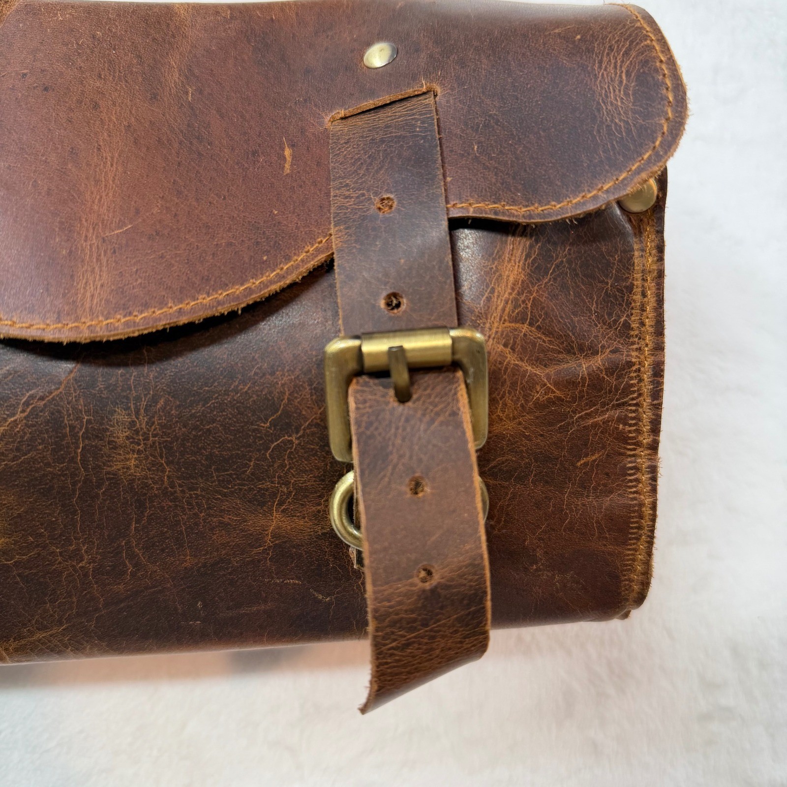 Unbranded Leather Handlebar Tool Bag Brown Good Distressed Buckle Moto Accessory
