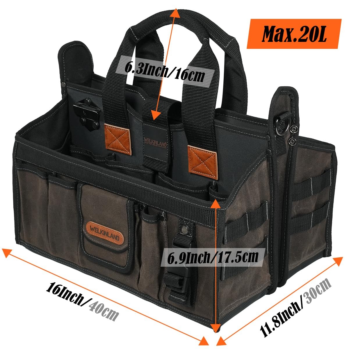 20-Pockets Electrician Tool Tote, 16″-Wide Open Top Tool Tote, Waxed-Canvas E…