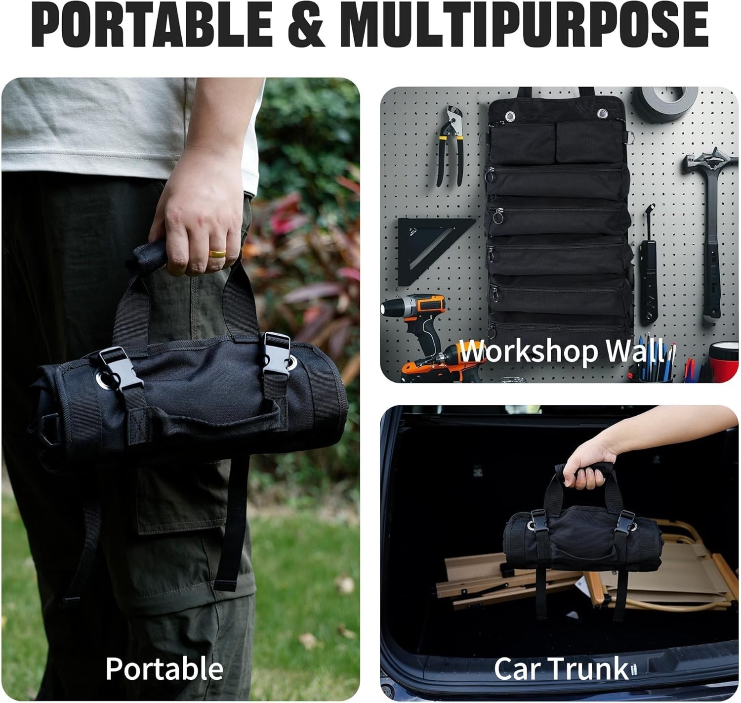 Portable Foldable Roll Up Tool Bag, Heavy Duty Tool Organizer Bag with 5 Comp…