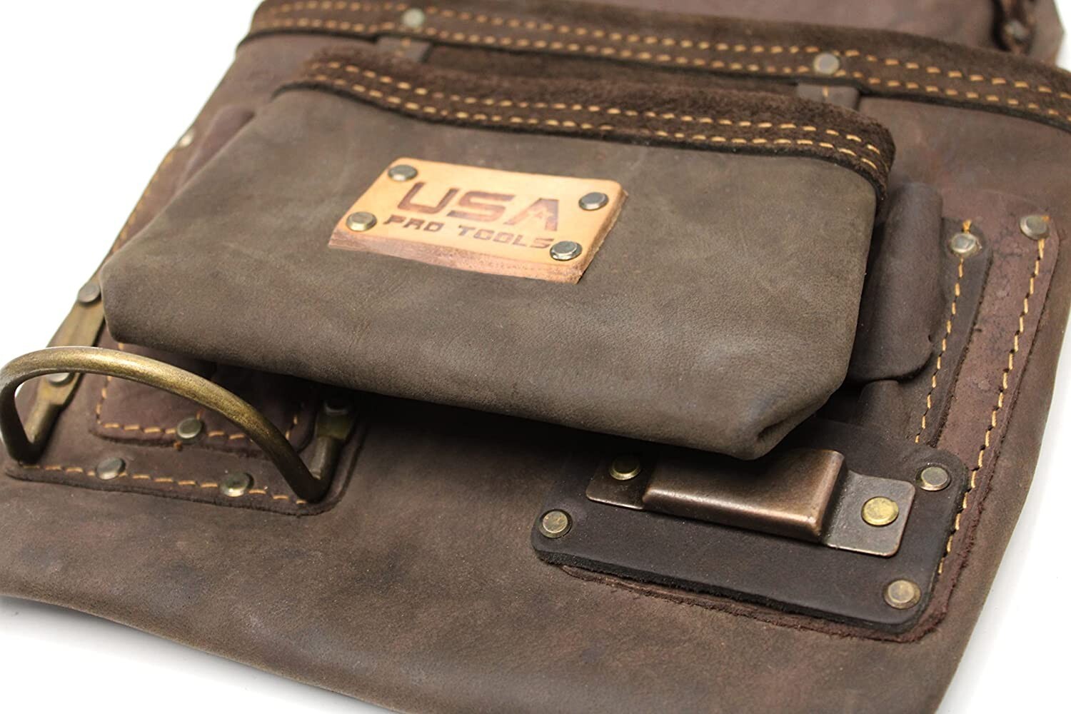 USA Pro Tools Oil Tanned Leather Tool & Nail Pouch 10Pockets with Hammer & Tape
