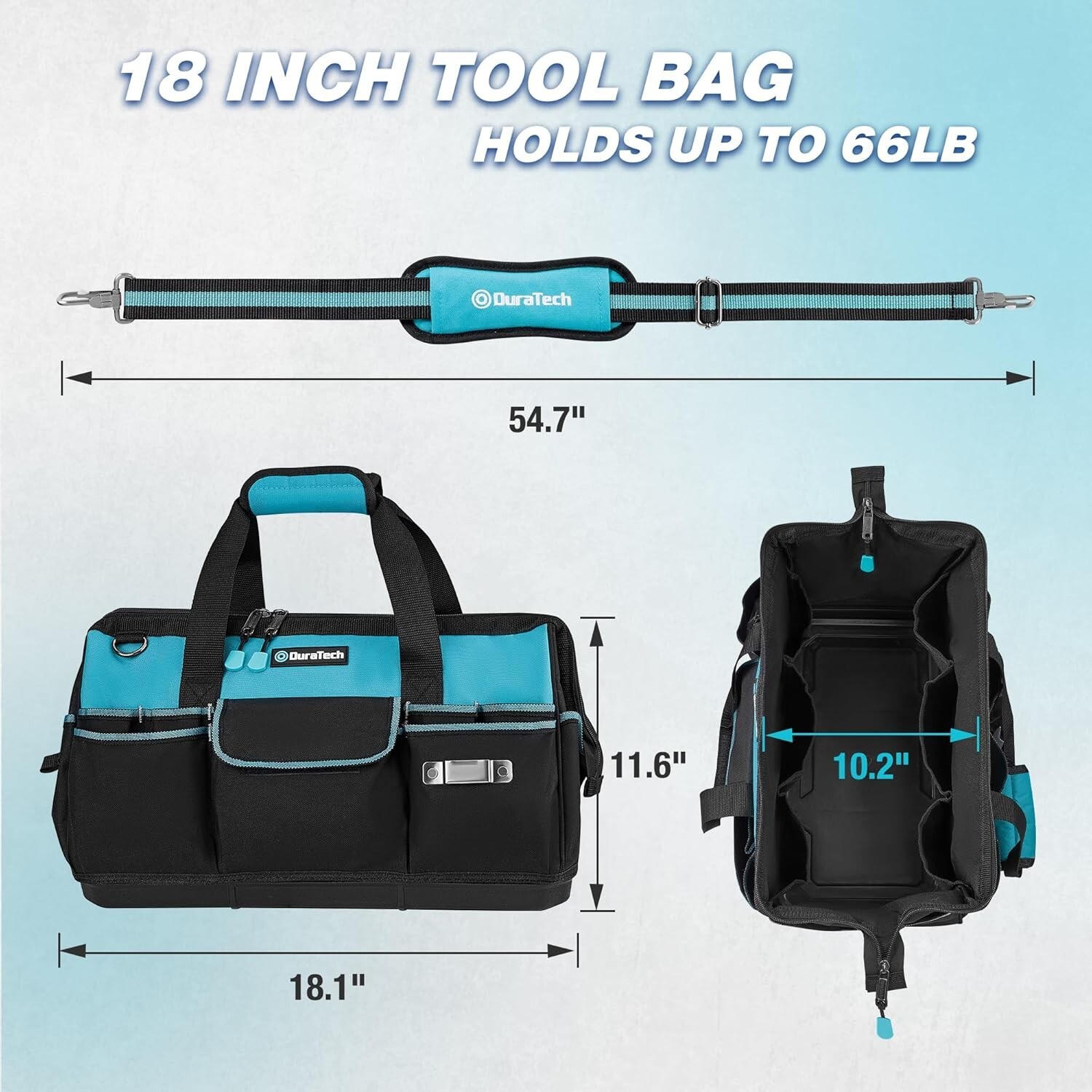 DURATECH 18-Inch Large Tool Bag w/Waterproof Hard Bottom Heavy Duty w/19 Pockets