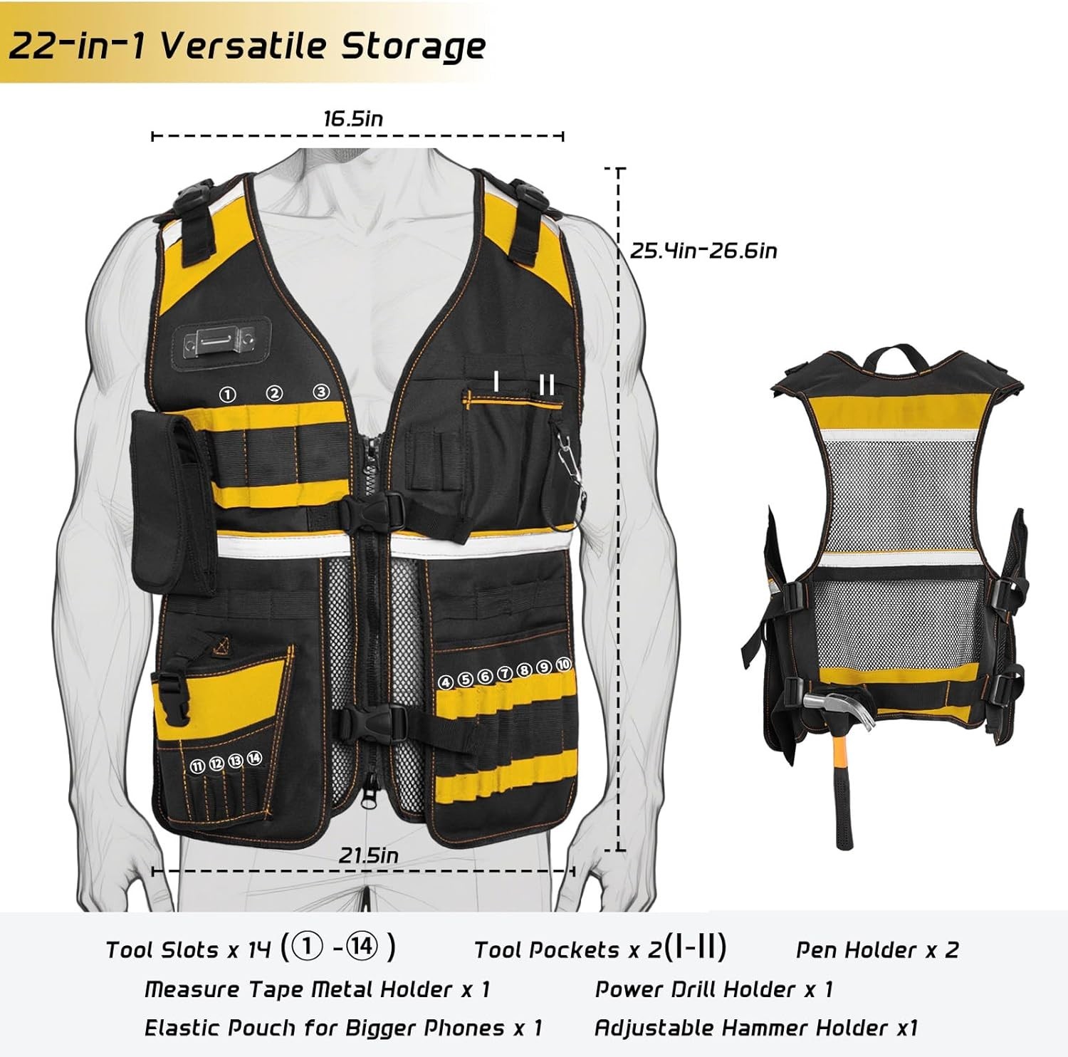 Reflective Electrician Tool Vest with 22 Pockets & Adjustable Straps – S-3XL