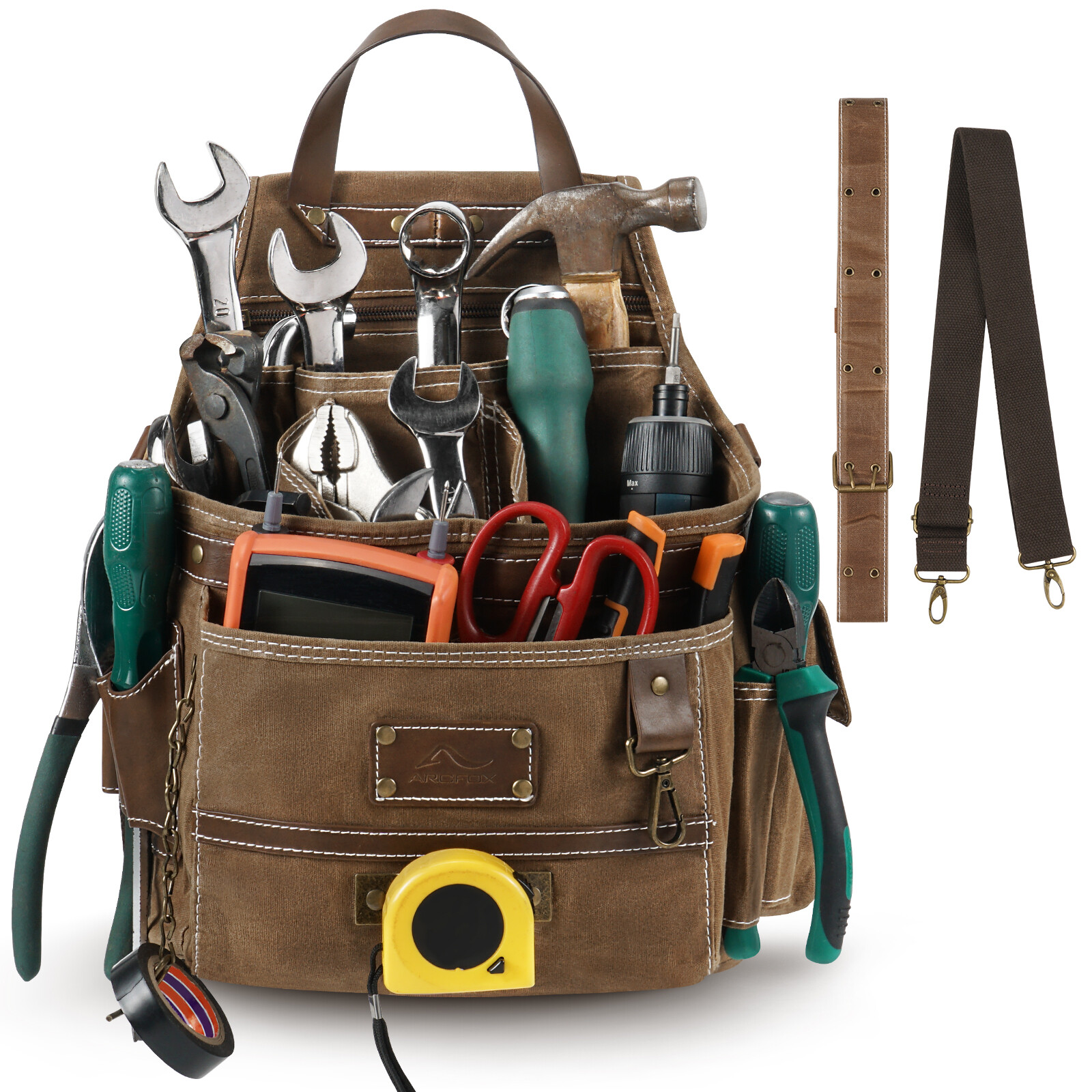 ARCFOX Electrician Work Multi Tool Belt Pouch Portable Hanging Waist Bag Brown