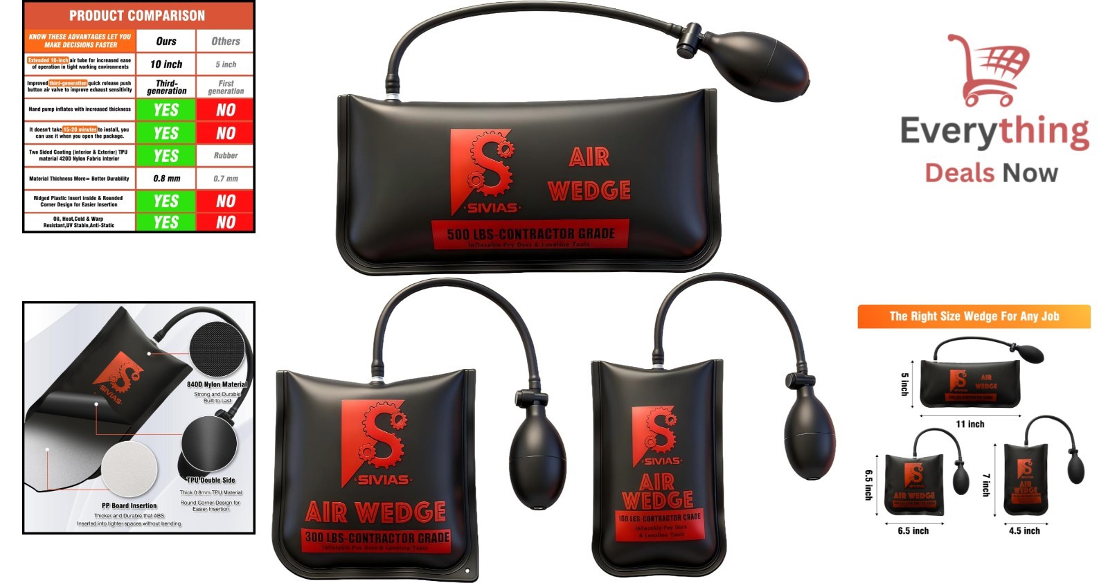3 Sizes Inflatable Air Wedge Shim Bag Kit 500LB Professional Leveling Pump Tool
