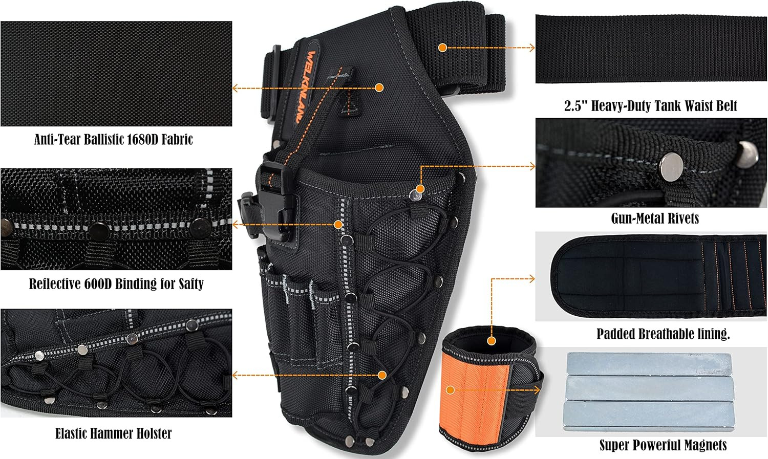 3-In1 Drill Holster Set W/Strong Magnetic Wristband & Solid 2 Inch Belts for Men
