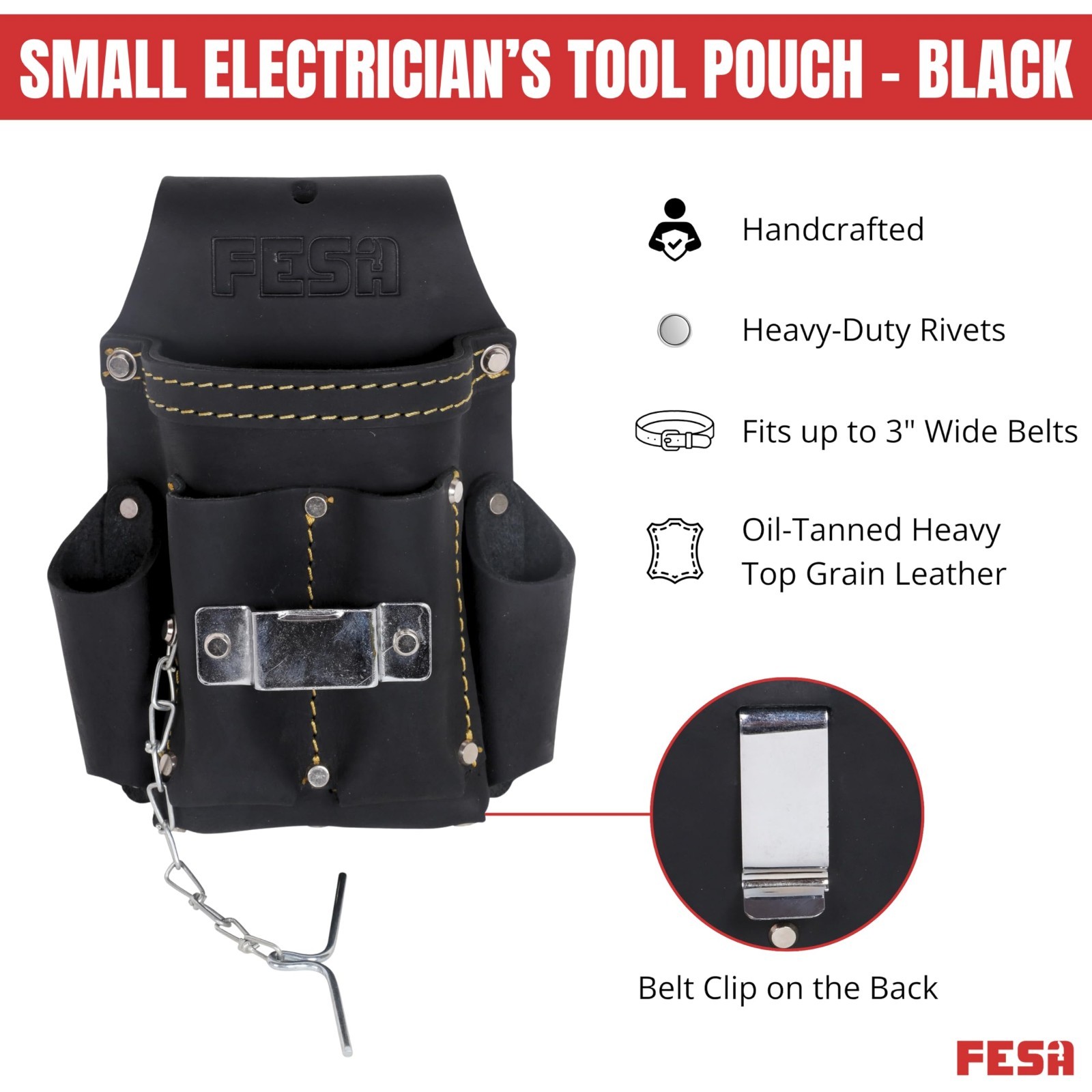 Small Electrician Tool Pouch – 7-in-1 Leather Organizer with Clips & 5 Pockets