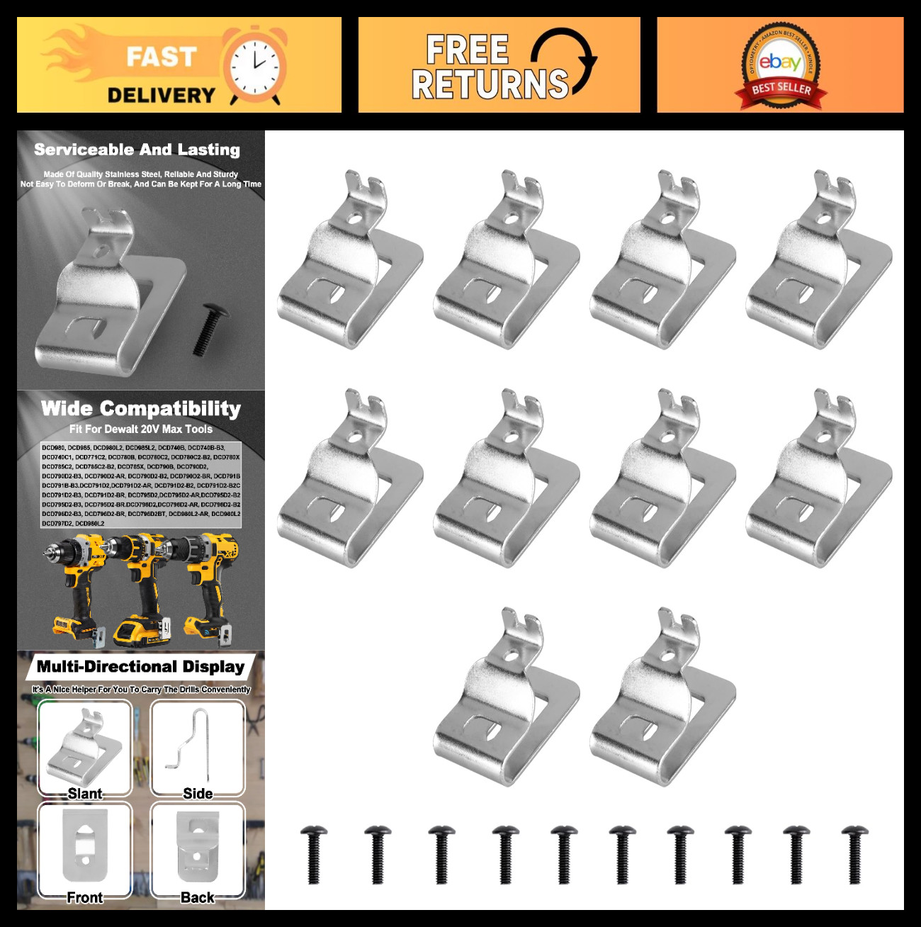 Stainless Steel Belt Clips Kit – 10PCS Tool Hooks with Screws for Power Tools