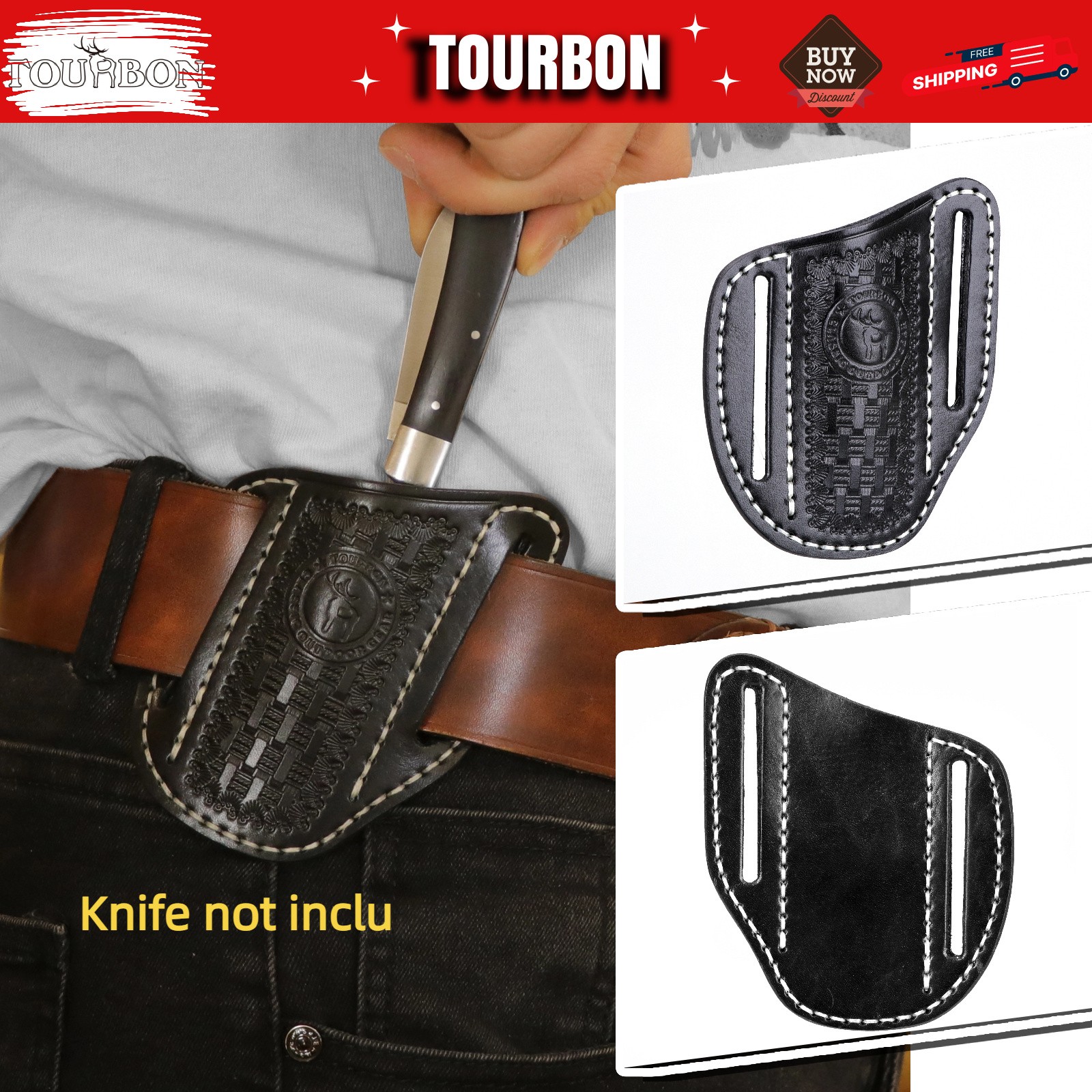 TOURBON Genuine Leather Knife Sheath EDC Folding Pocket Blade Belt Holster Case