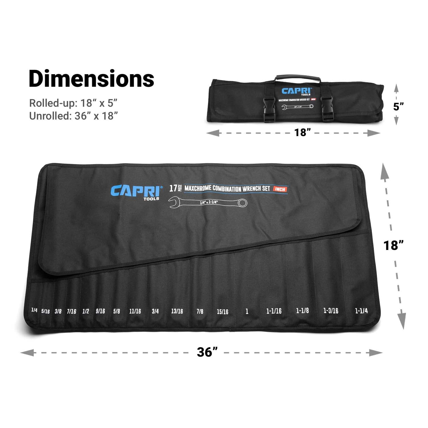 Wrench Roll Up Pouch, SAE, 17 Pockets, Black