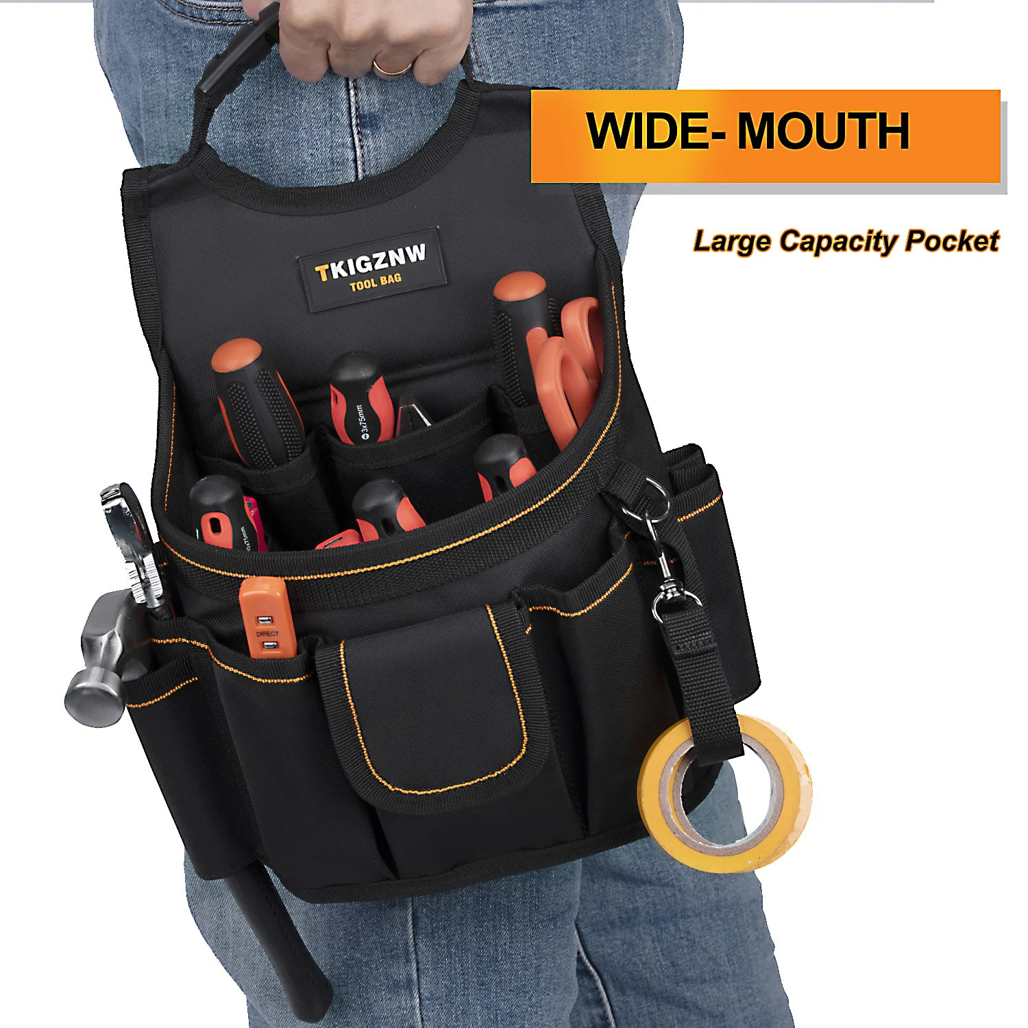 Tool Belt Pouch, Black Nylon with 18 Pockets, Black and Yellow, Storage for Elec