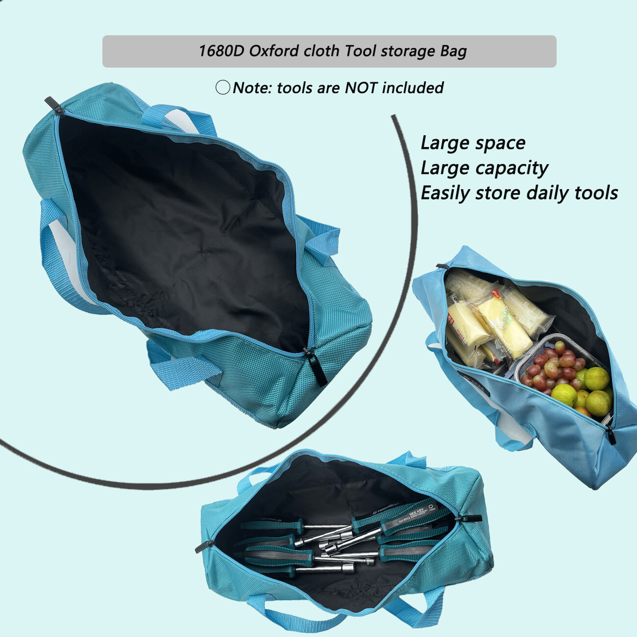 16inch Blue Tool Bag with Zippers Multi Purpose Quick storage 15.75×5.12in home