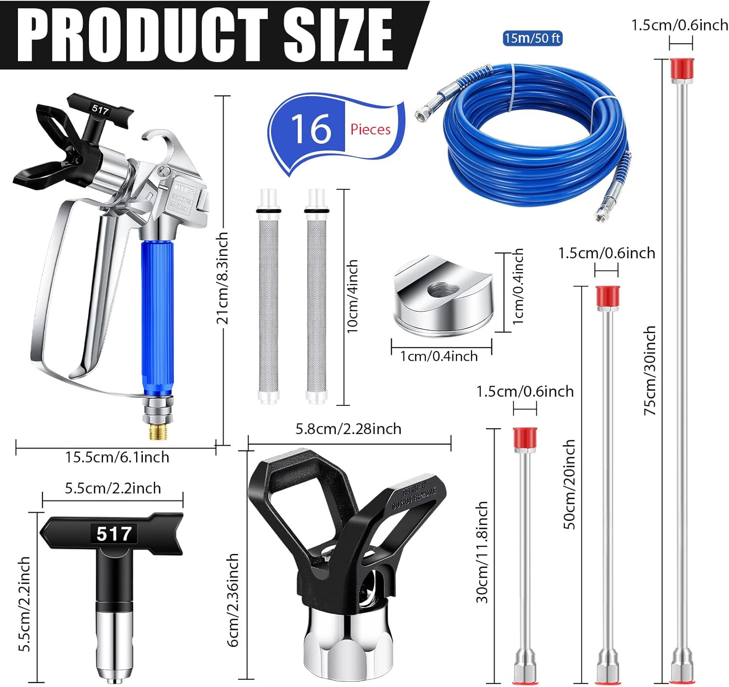 16 Pieces Paint Sprayer Hose Set, Airless Paint Sprayer Hose Kit with Spray Gun