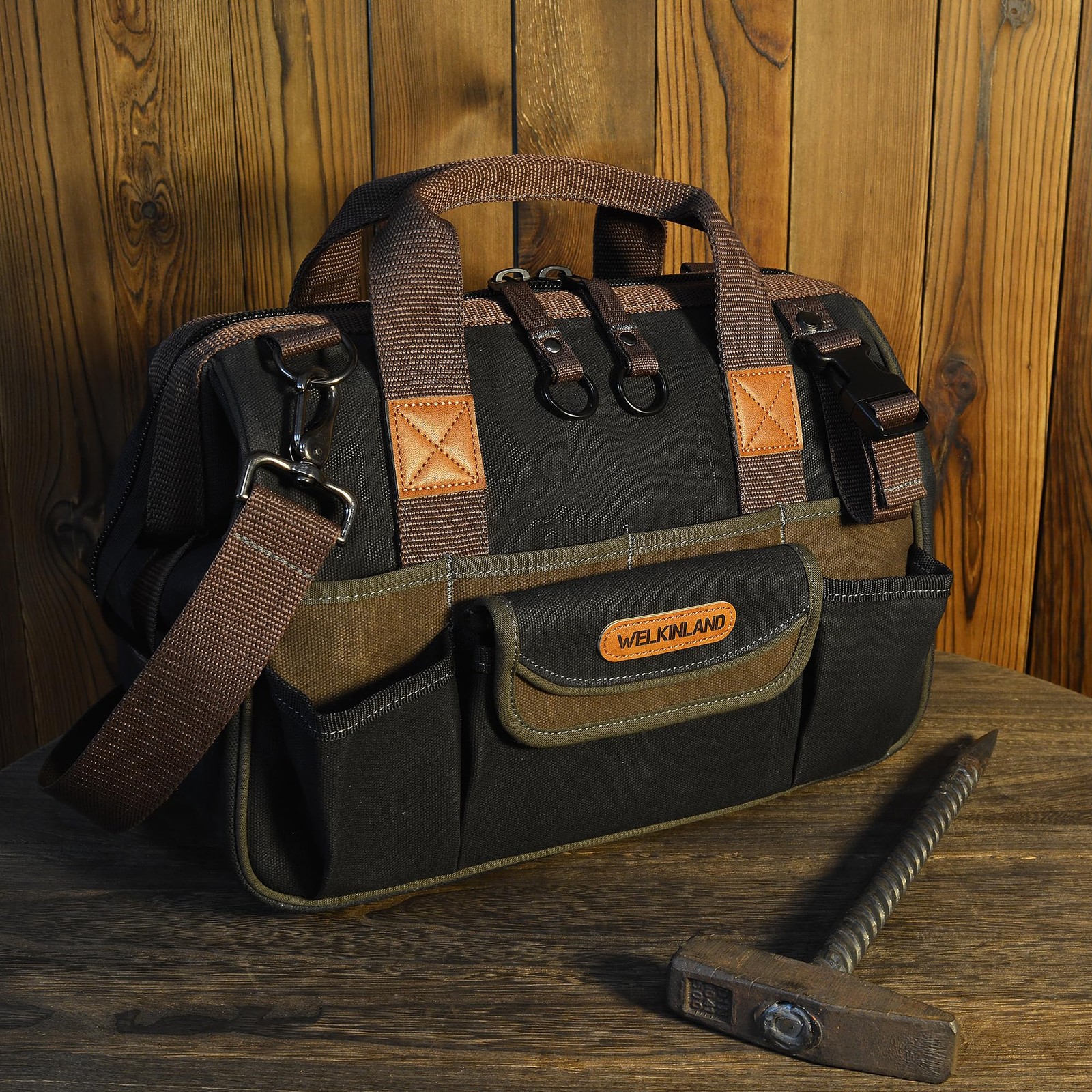 WELKINLAND 30-Pockets Canvas tool bag, 14-Inch(Max. 20L), Black/Brown/Olive