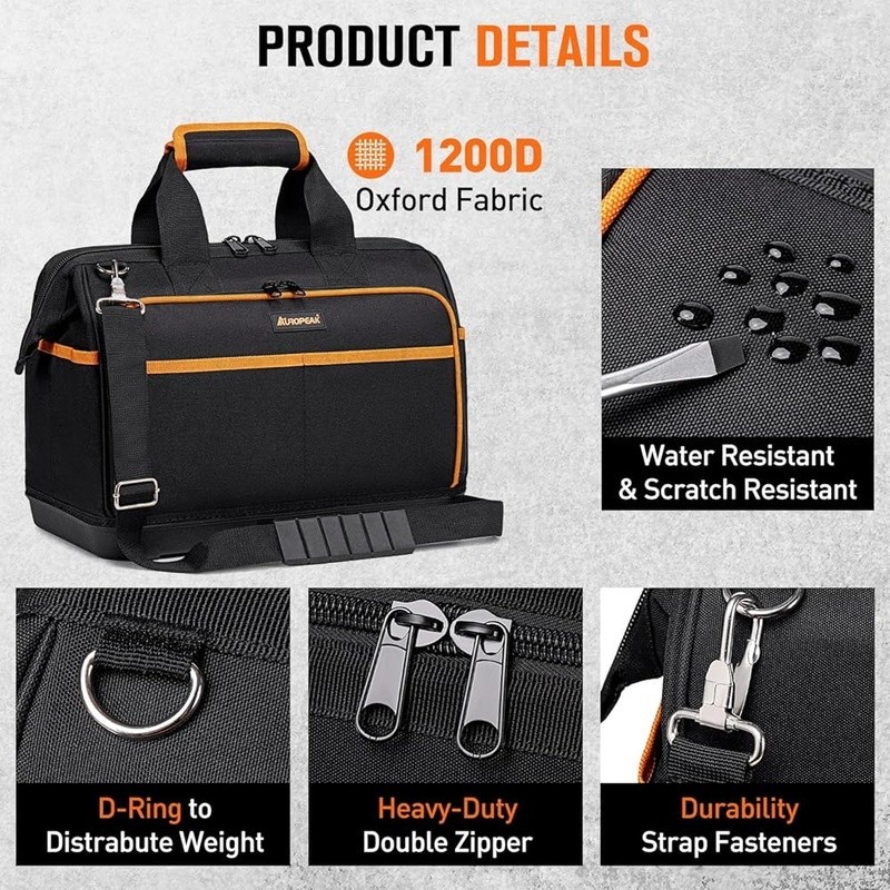 Heavy Duty Tool Bag 26 Pockets Waterproof Organizer Wide Open Design Crossbody