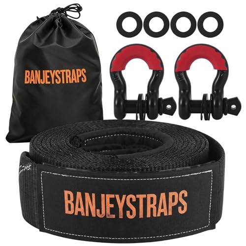 45,000 lb Recovery Tow Strap Kit with 3/4″ Shackles – 4″ Recovery Kit Black