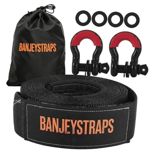 45,000 lb Recovery Tow Strap Kit with 3/4″ Shackles – 4″ Recovery Kit Black