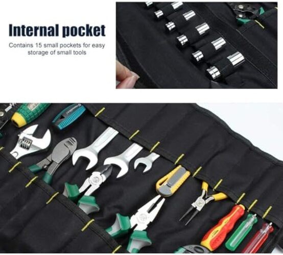 Black Heavy Duty Tool Roll Bag Organizer – 20 Pockets – Roll Up Tool Roll