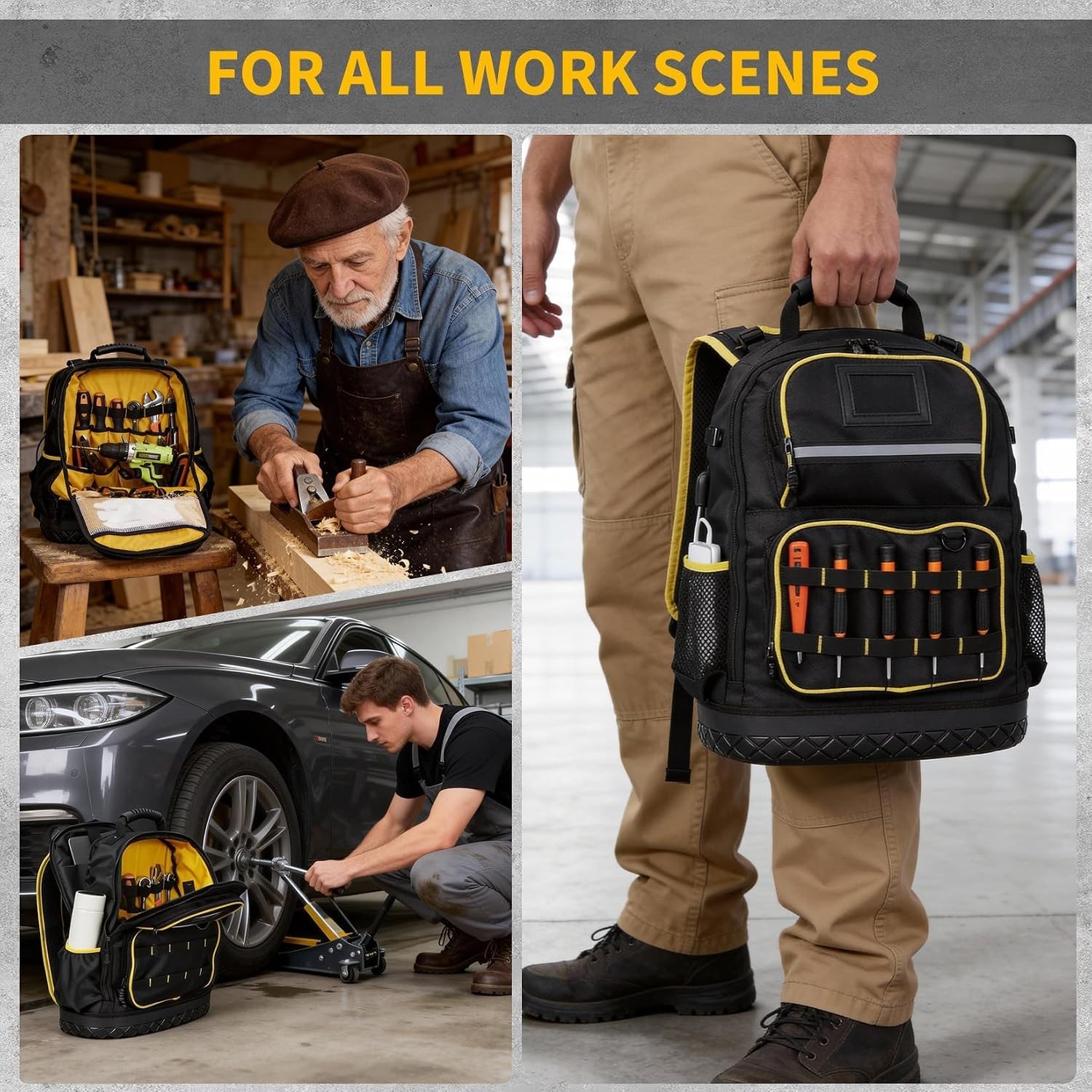 Professional 18 Inch Tool Backpack Oxford Work Bag Hard Bottom Laptop Tool Bag